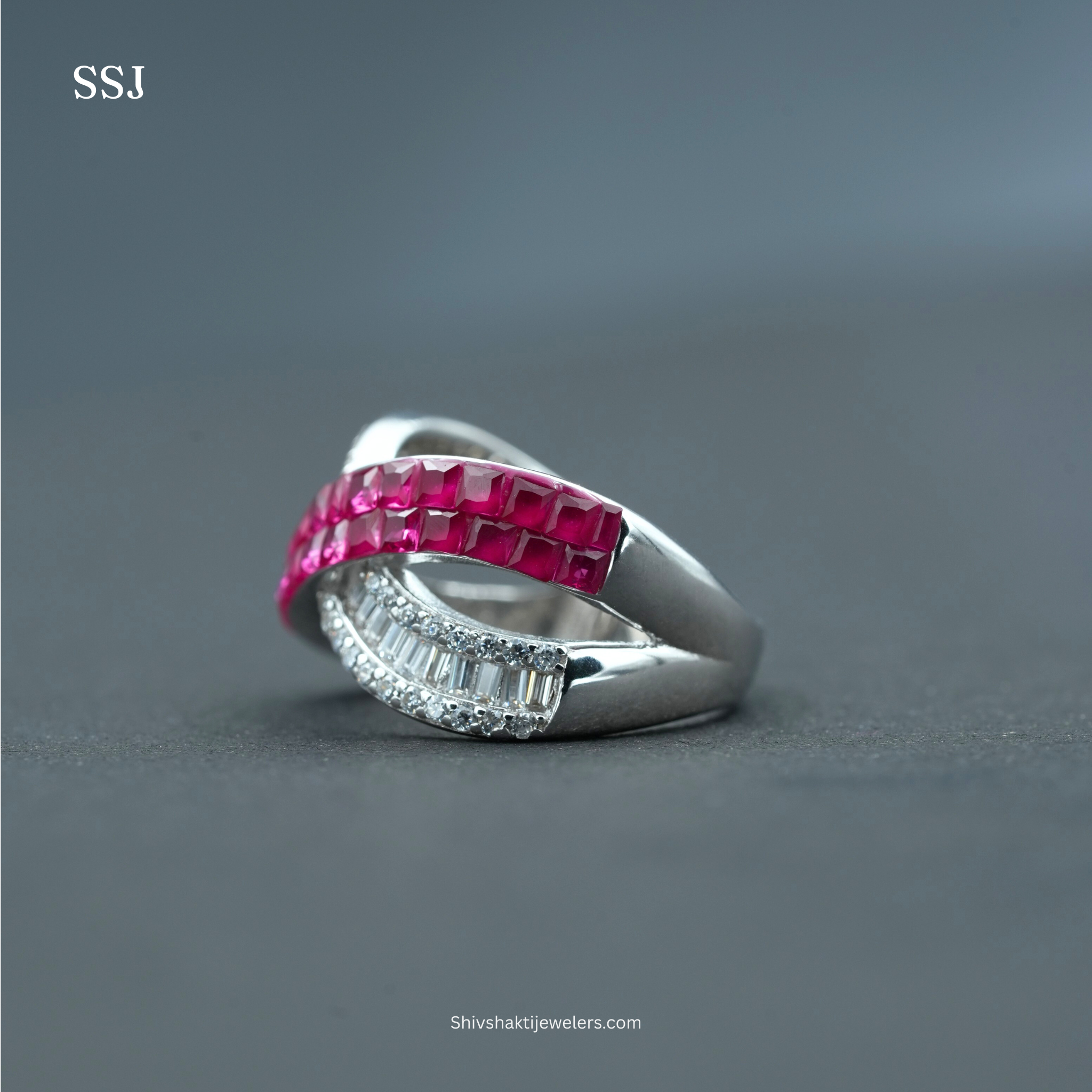 925 Silver Infinity Crossover Ring with Pink Baguette & CZ Stones