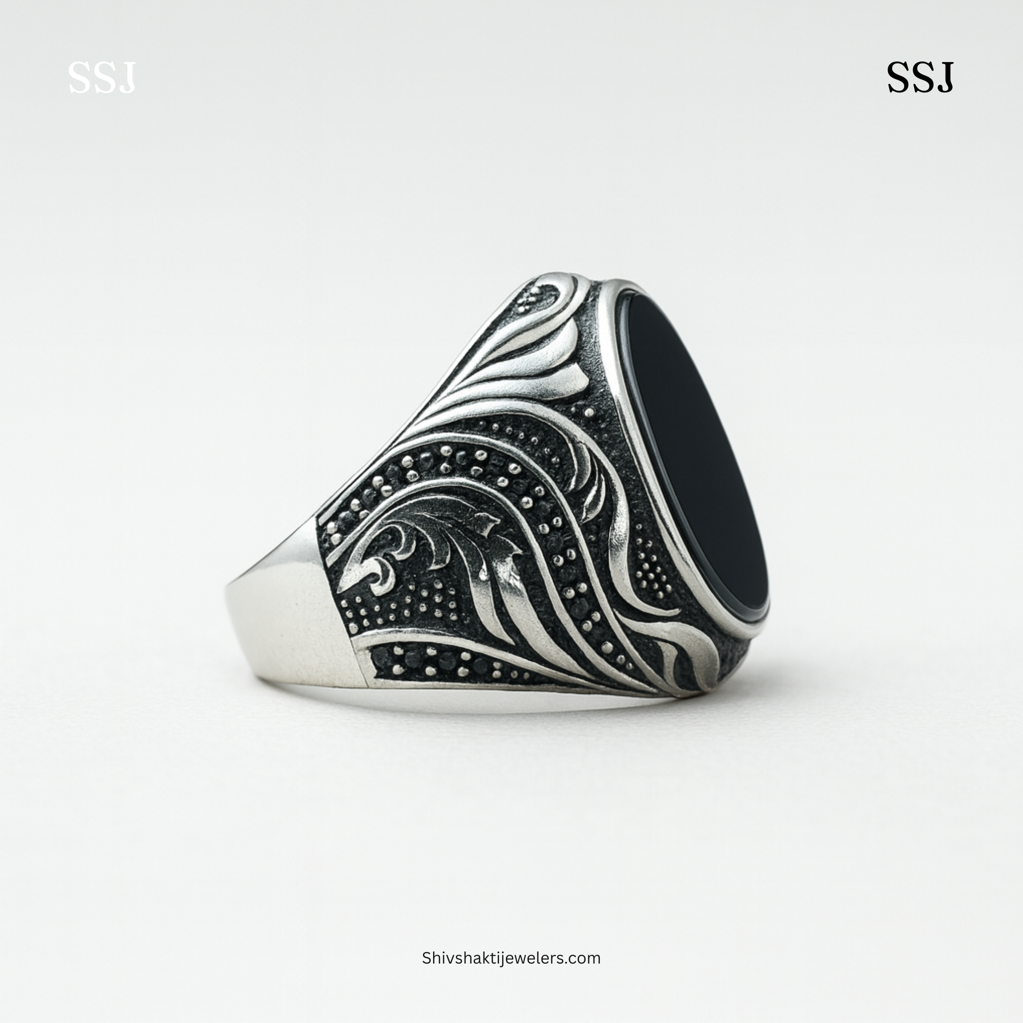925 Silver Black Onyx Engraved Statement Ring – Bold Men’s Vintage Jewelry