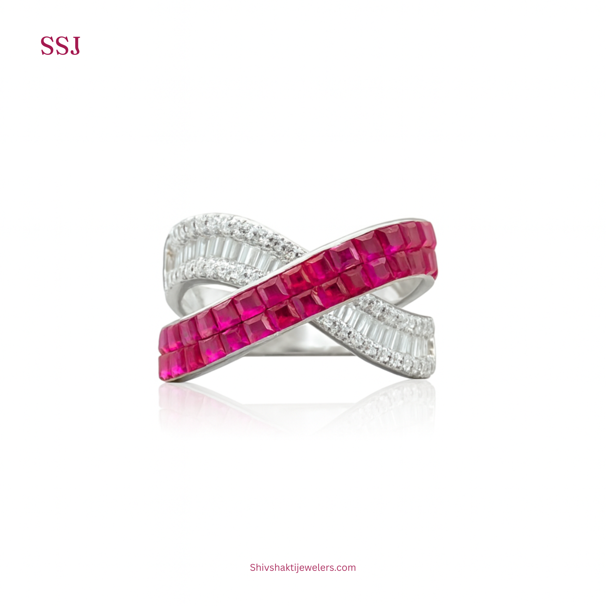 925 Silver Infinity Crossover Ring with Pink Baguette & CZ Stones