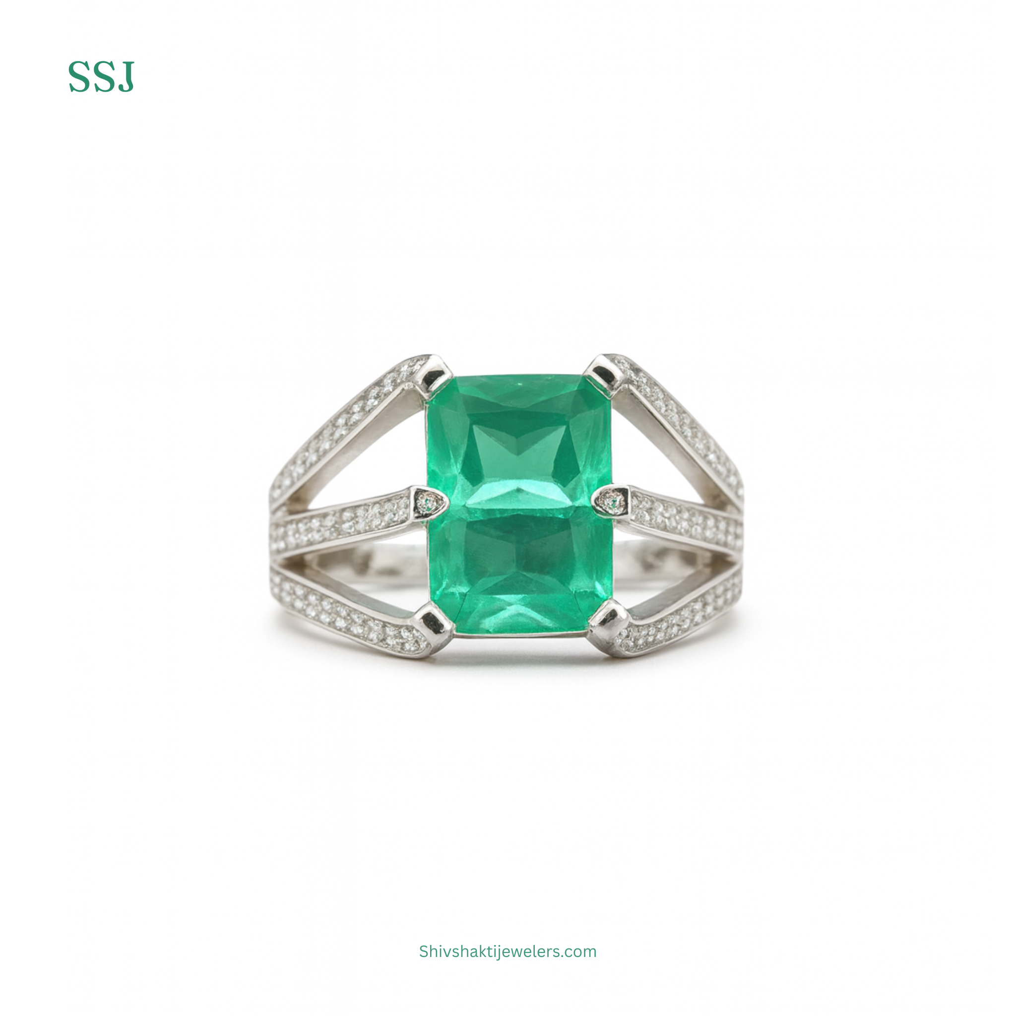 925 Silver Emerald Green Cushion-Cut Ring with CZ Accents