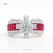 925 Silver Floral Ruby & Zircon Designer Ring