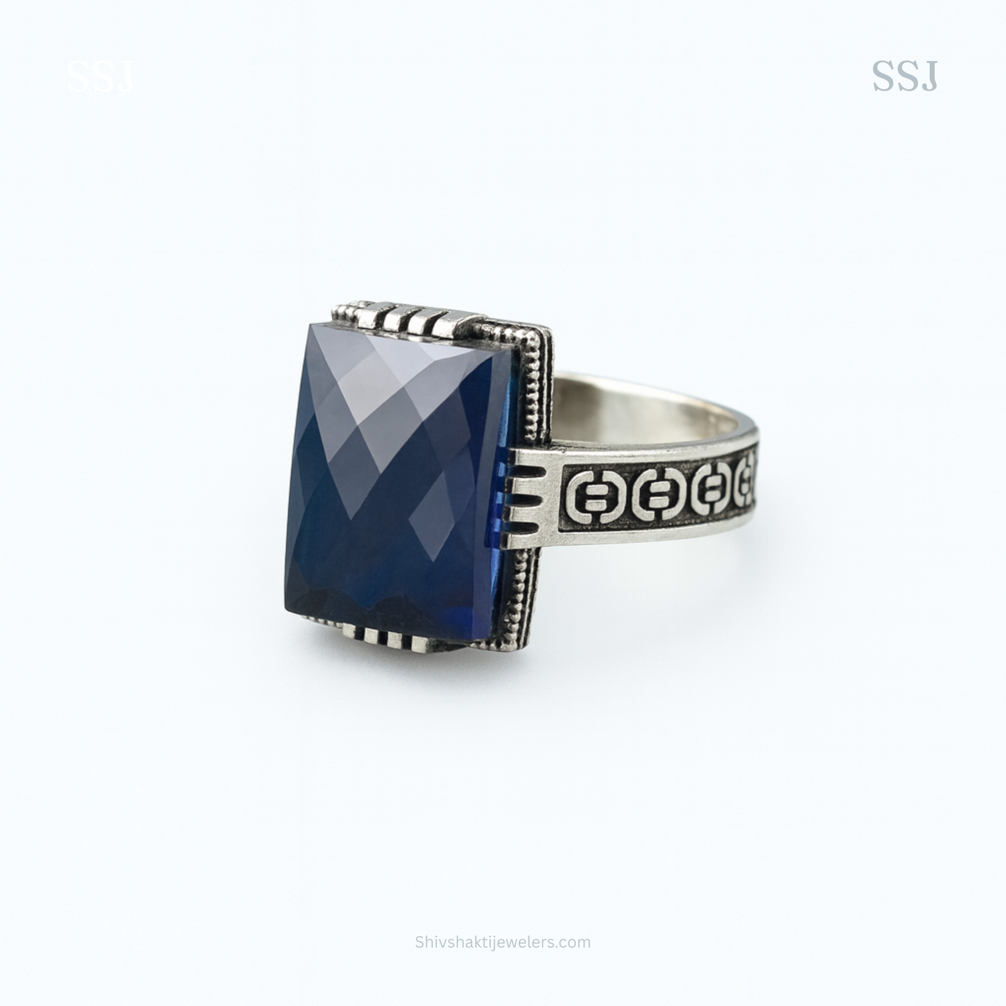 925 Silver Antique Blue Sapphire Square Ring – Men’s Statement Silver Ring