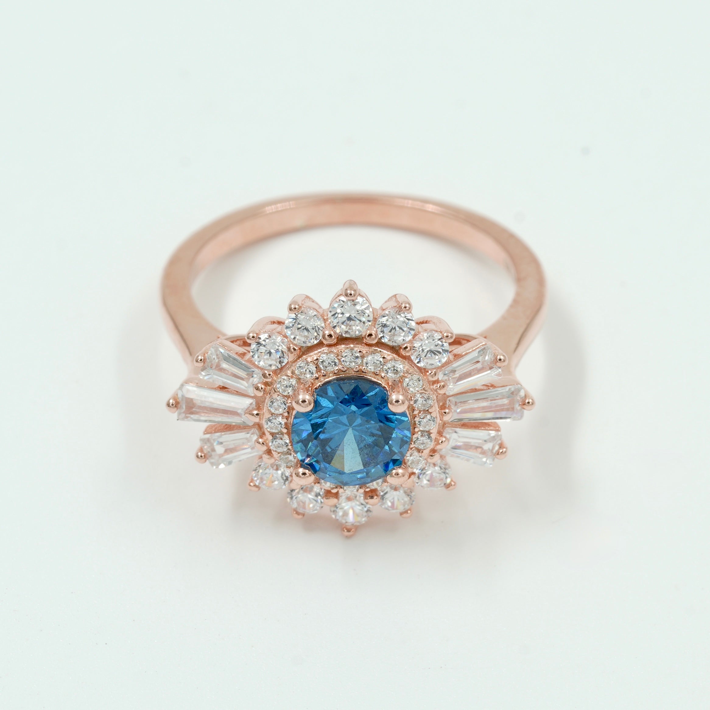 925 Silver Blue Sapphire Sunburst Halo Ring – Rose Gold Finish