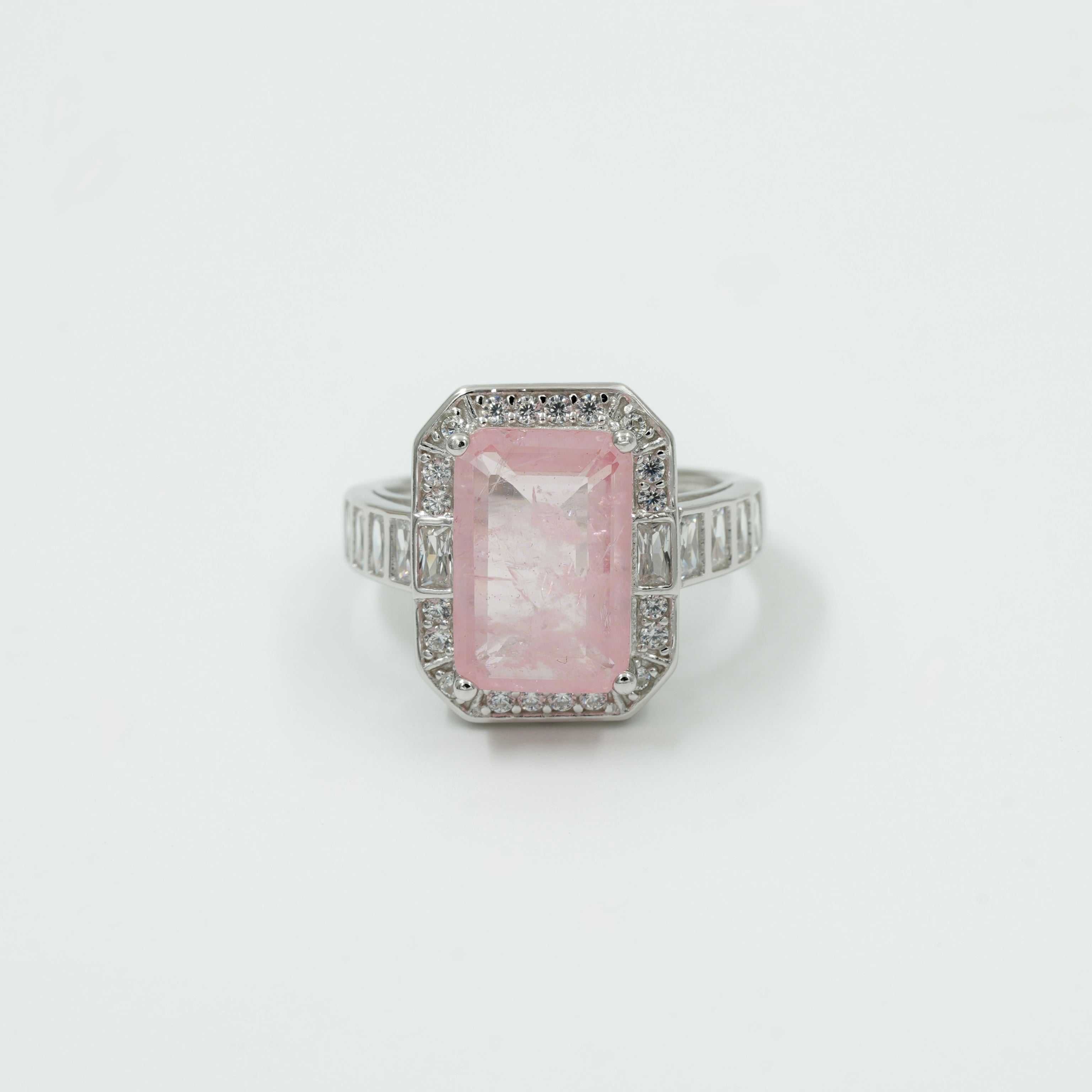 925 Silver Pink Emerald-Cut Statement Ring with Halo Diamonds