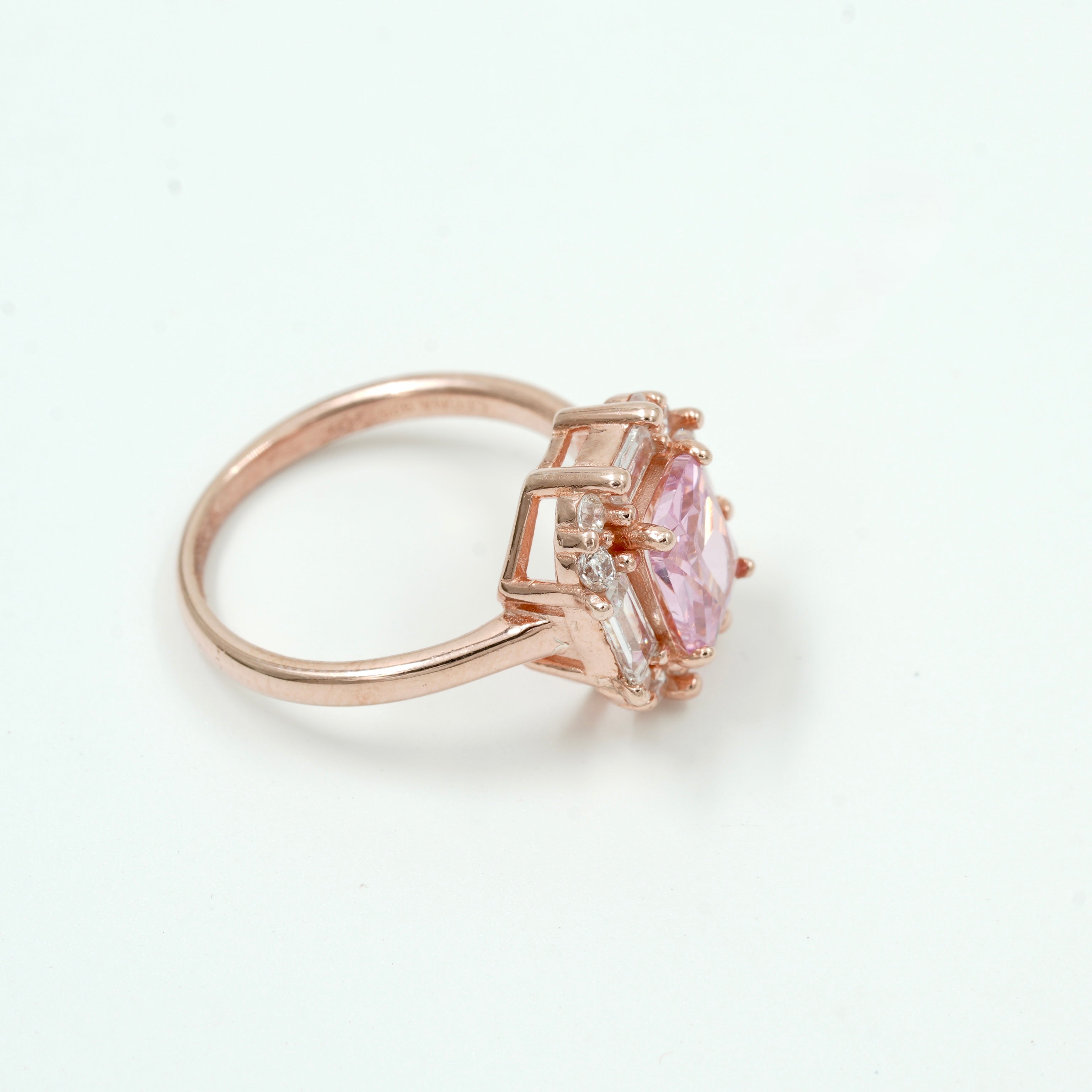 925 Silver Rose Gold Plated Pink Stone Ring with CZ Diamonds – Elegant Women’s Cocktail Jewelry