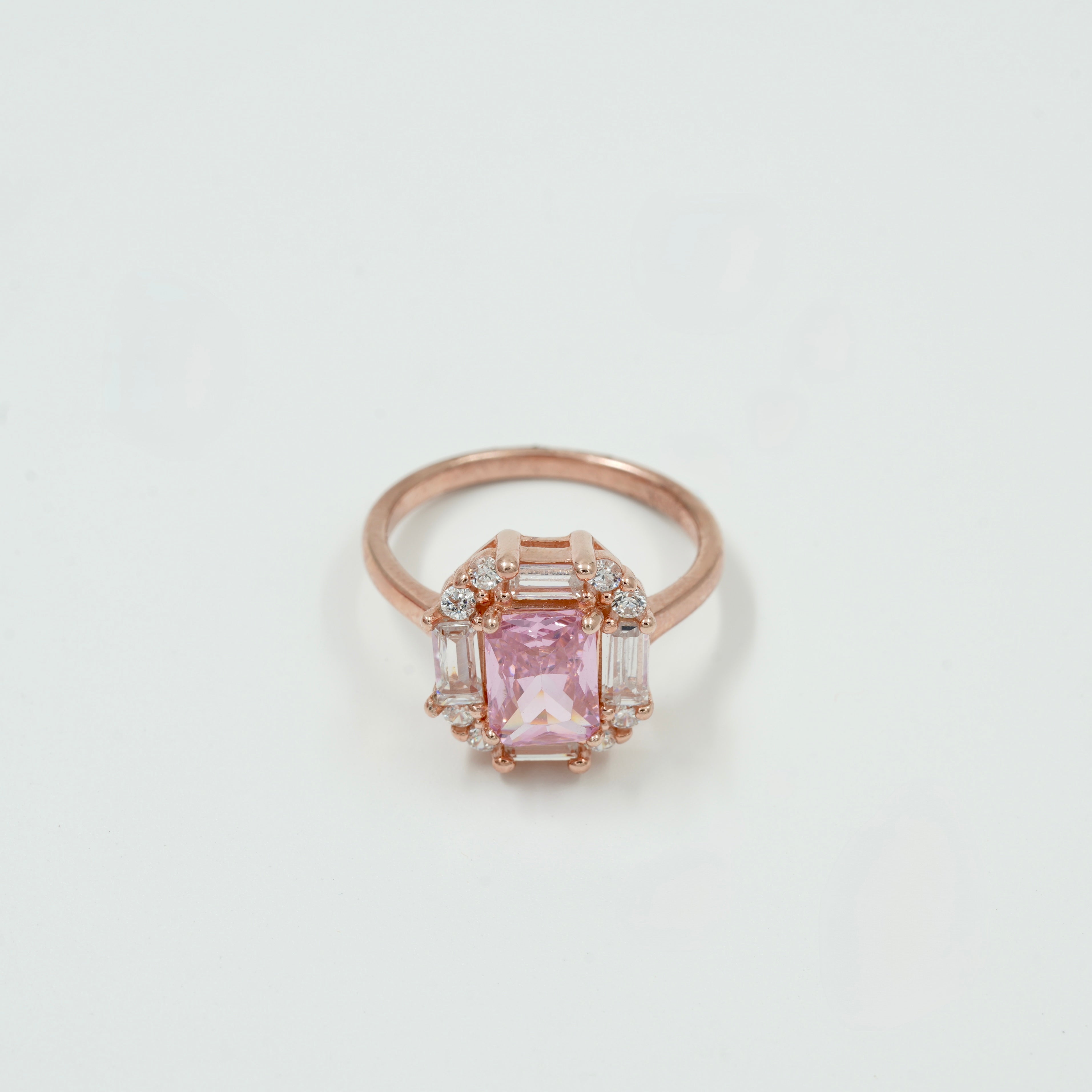 925 Silver Rose Gold Plated Pink Stone Ring with CZ Diamonds – Elegant Women’s Cocktail Jewelry