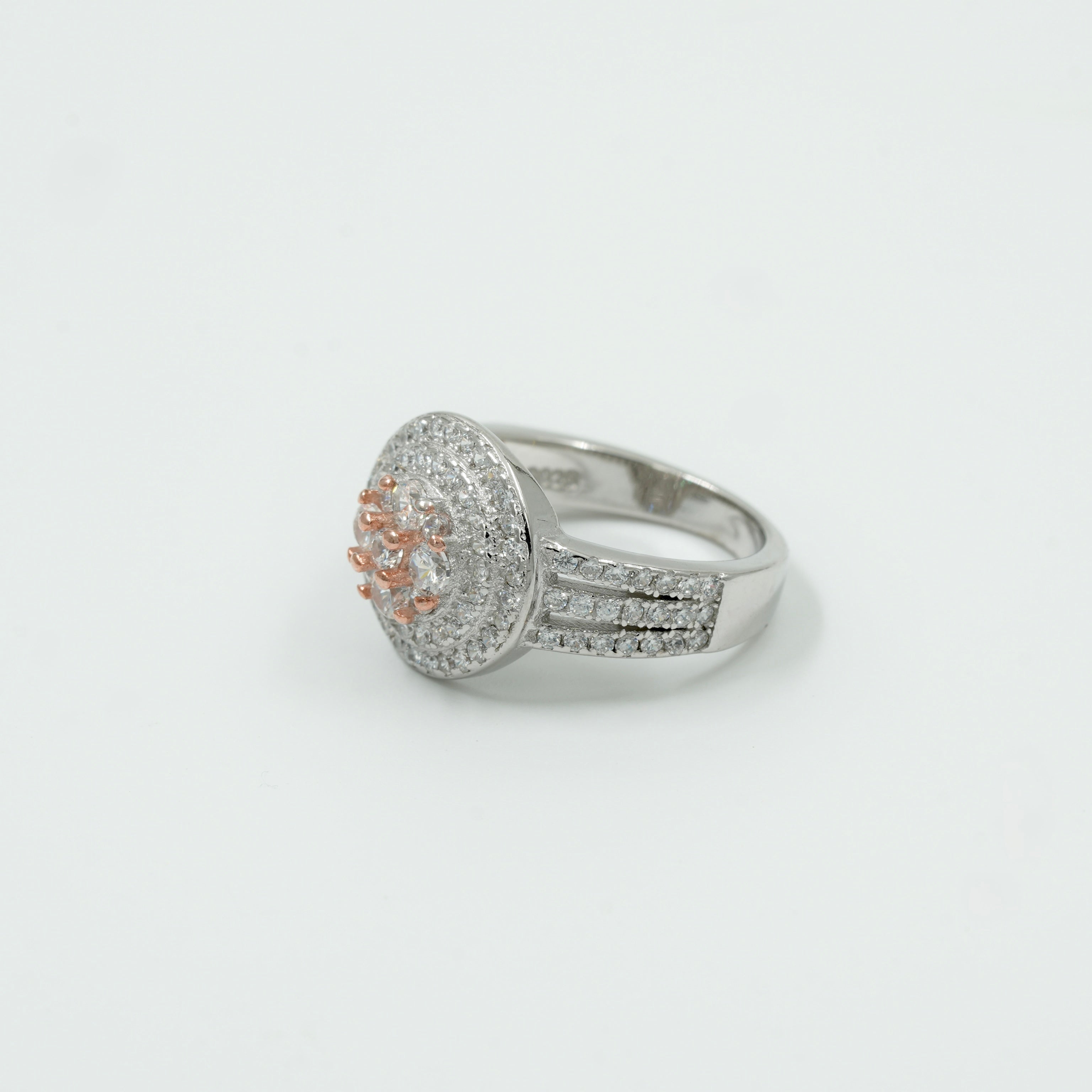 925 Sterling Silver Round Cluster Halo Ring with Rose Gold Prong Detailing