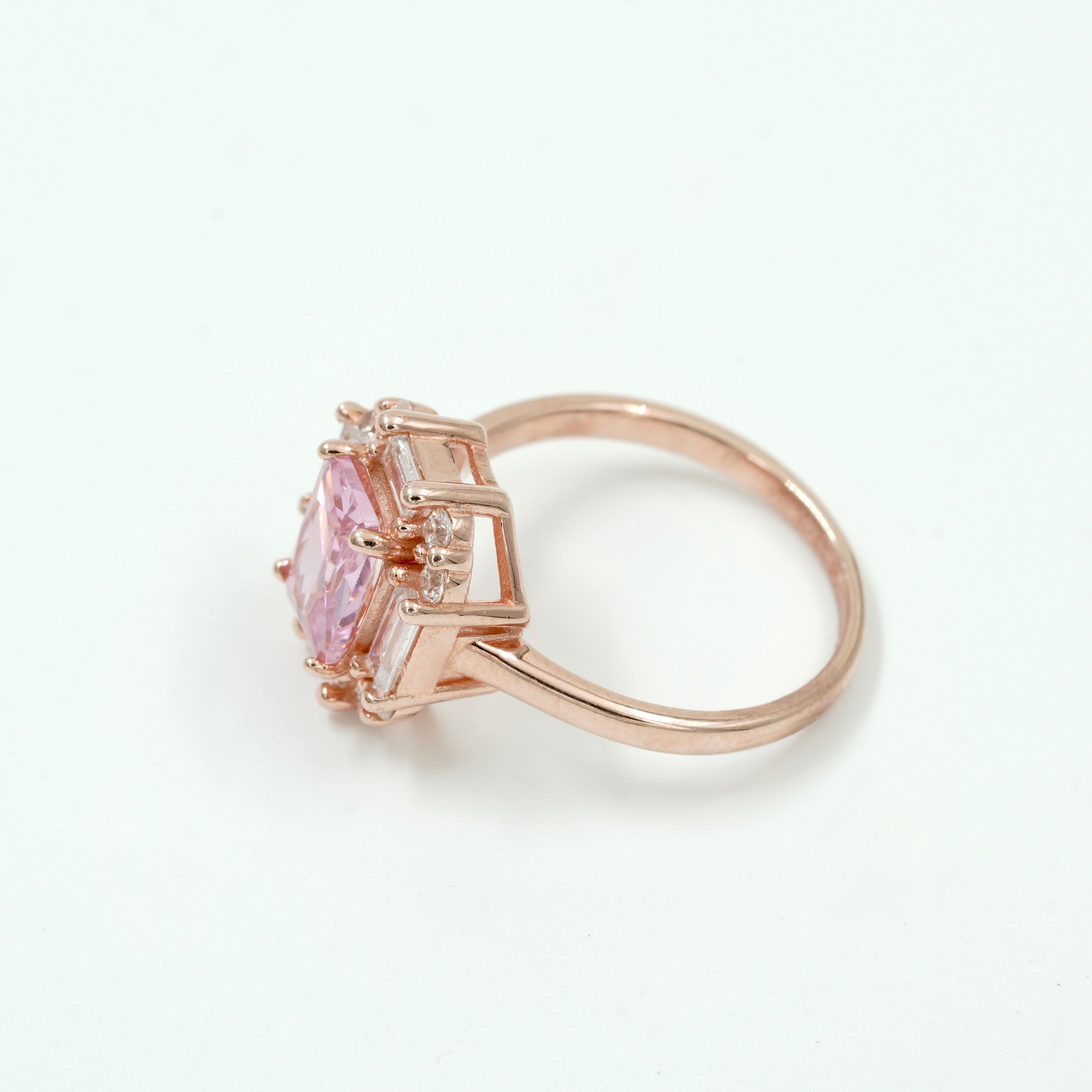 925 Silver Rose Gold Plated Pink Stone Ring with CZ Diamonds – Elegant Women’s Cocktail Jewelry