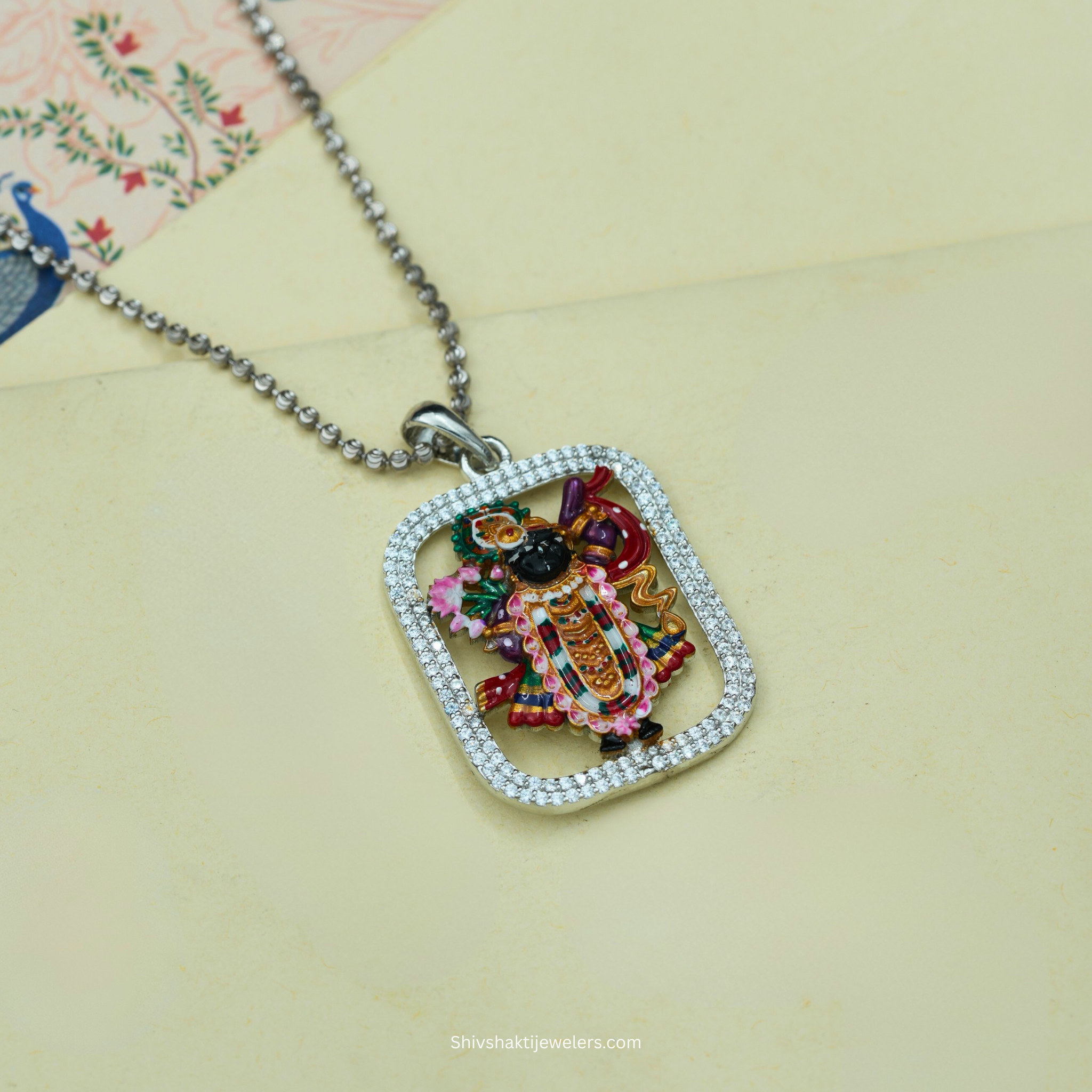 SSJ 925 Sterling Silver Shree Nath Ji Pendant – Enamel & Stone-Studded Devotional Jewellery