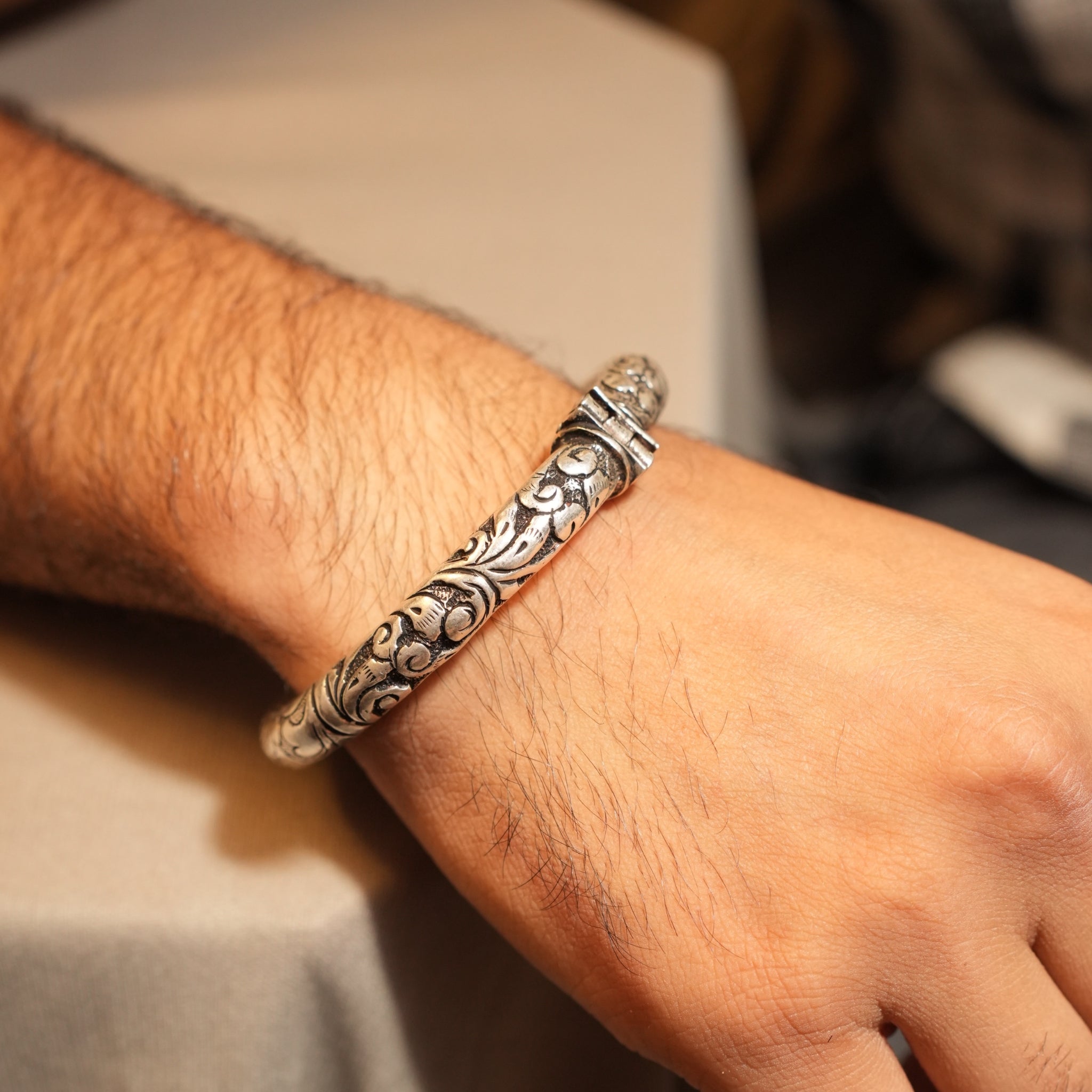 925 Sterling Silver Handcrafted Floral Kada for Men