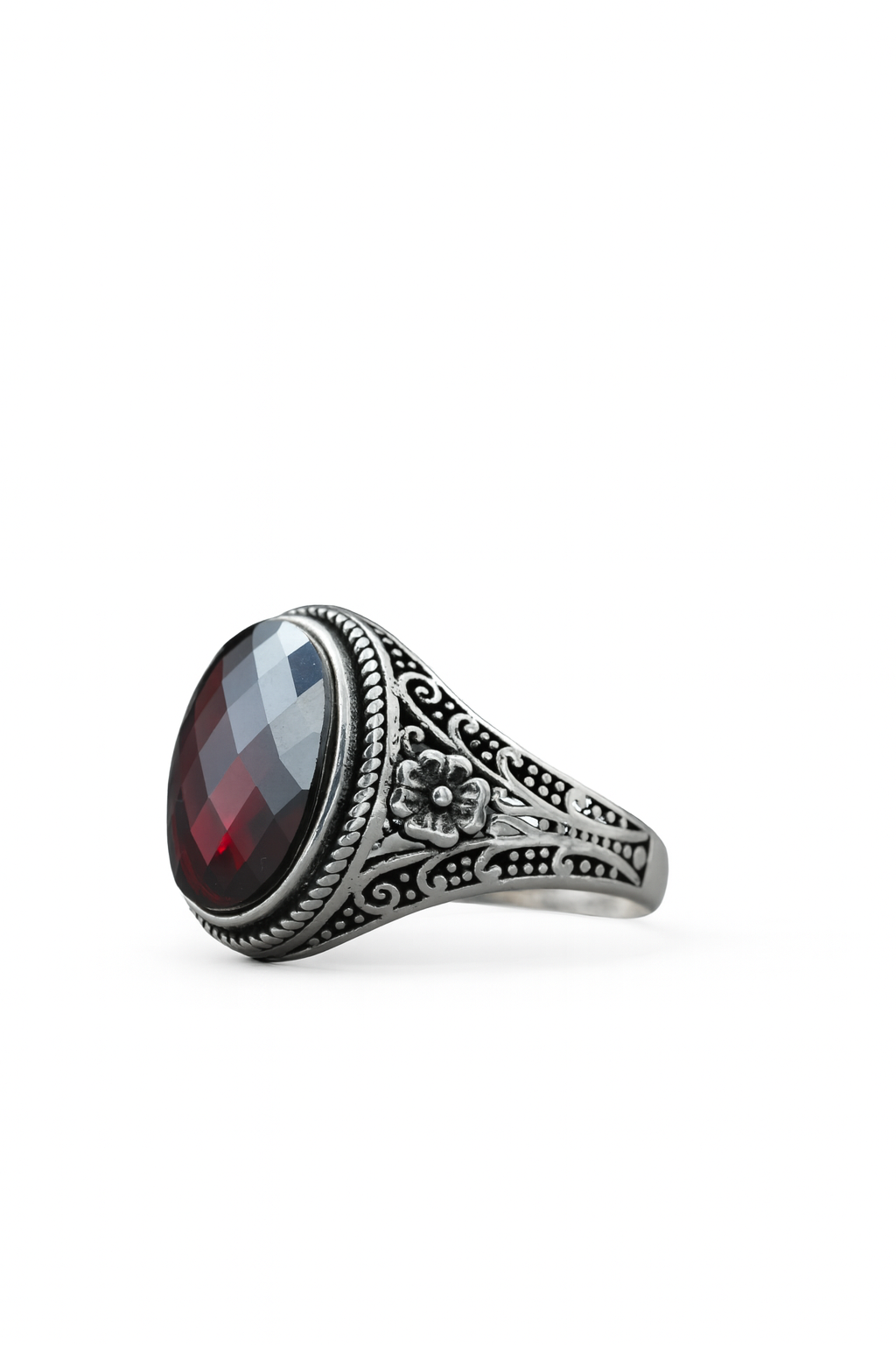925 Silver Men’s Vintage Garnet Stone Ring – Floral Engraved Statement Jewelry