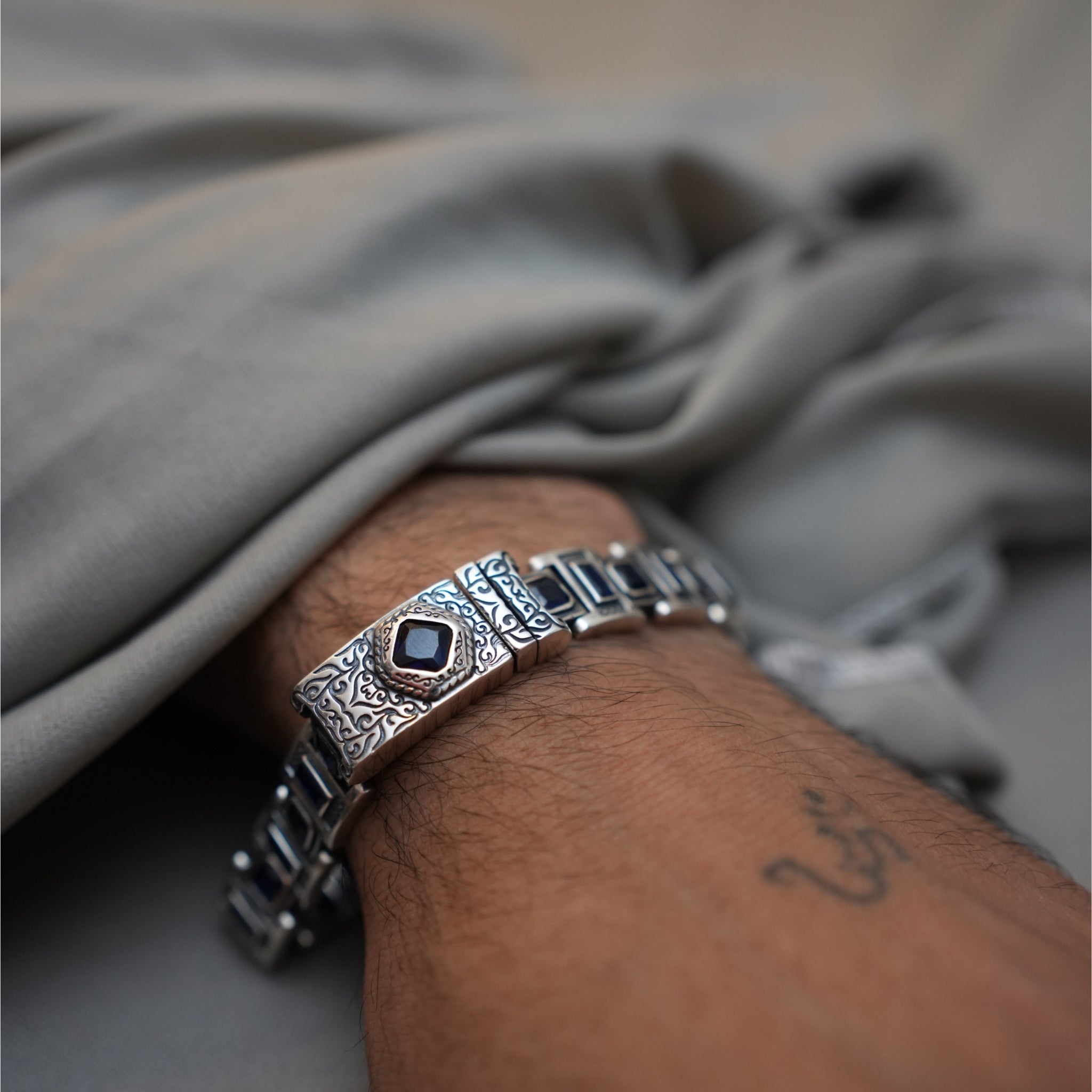 Men’s Classic Silver Bracelet with Blue Sapphire Accents