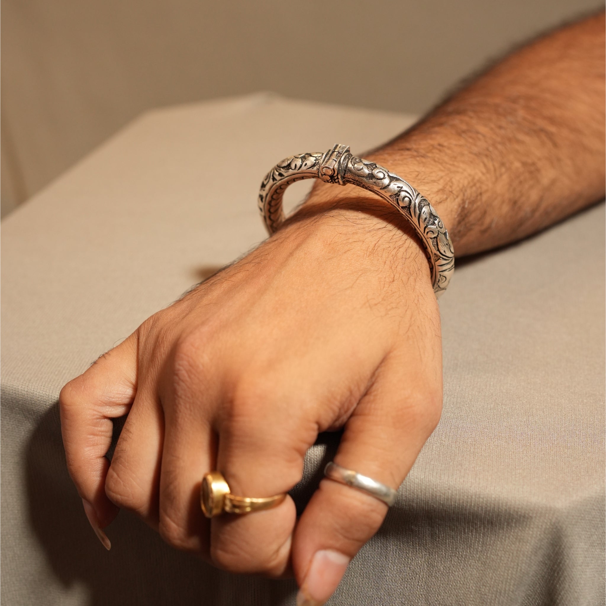925 Sterling Silver Handcrafted Floral Kada for Men