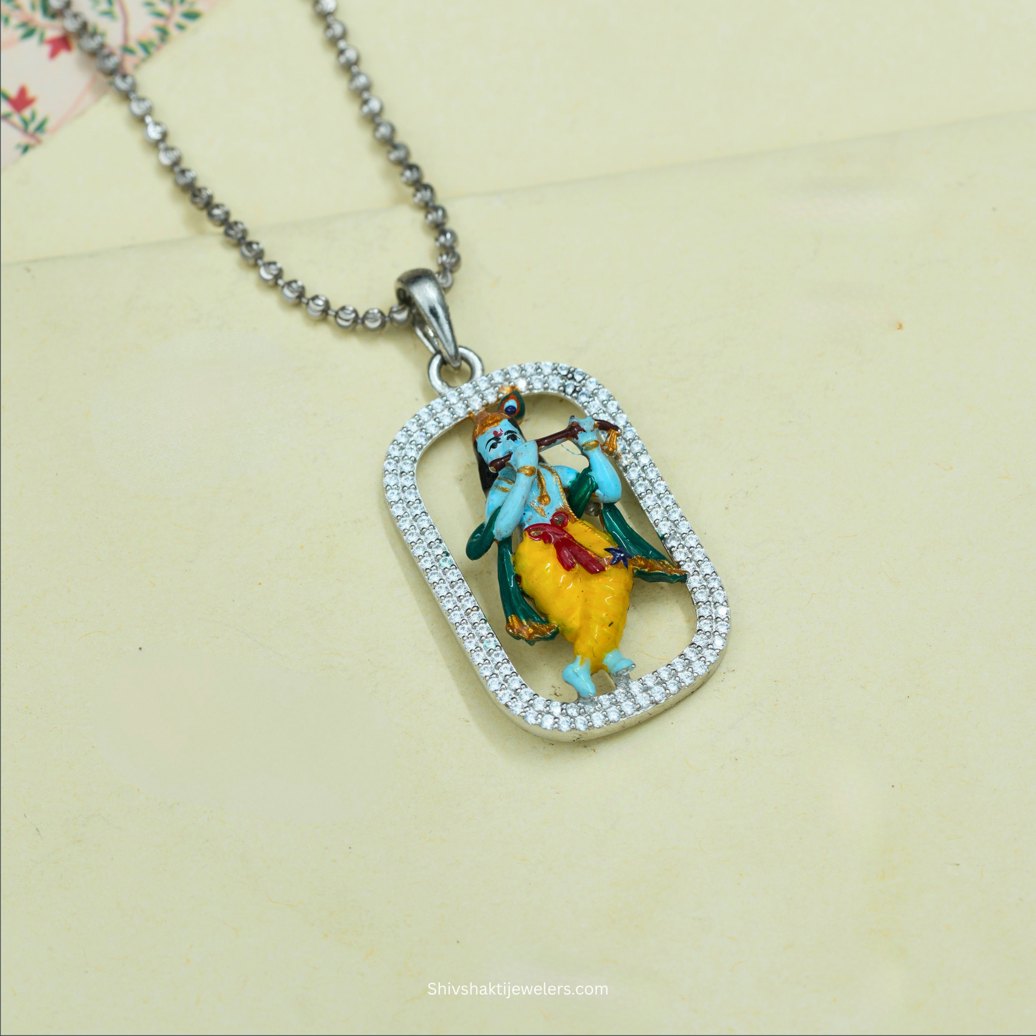 925 Sterling Silver Krishna Pendant – Enamel & Stone-Studded Devotional Jewellery