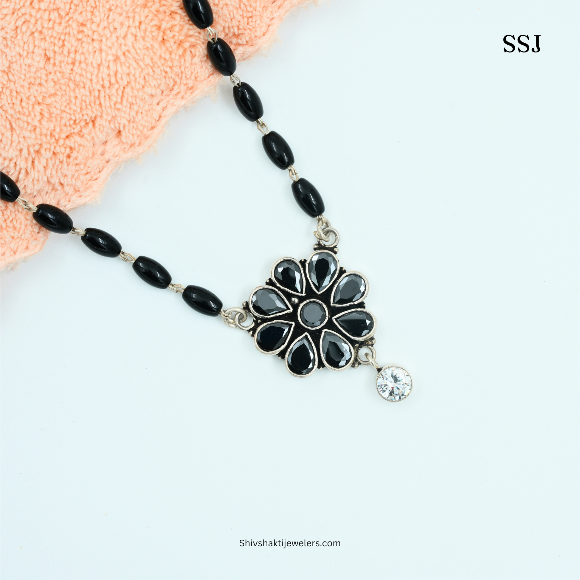 925 Silver Black Beads Floral Mangalsutra Pendant with CZ Solitaire Drop – Shiv Shakti Jewellers