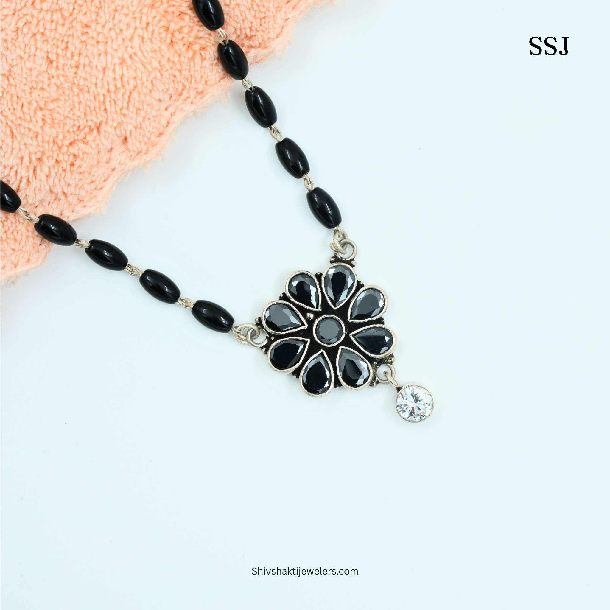 925 Silver Black Beads Floral Mangalsutra Pendant with CZ Solitaire Drop – Shiv Shakti Jewellers