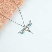 925 silver blue enamel dragonfly pendant necklace with cubic zirconia stones and delicate silver chain.