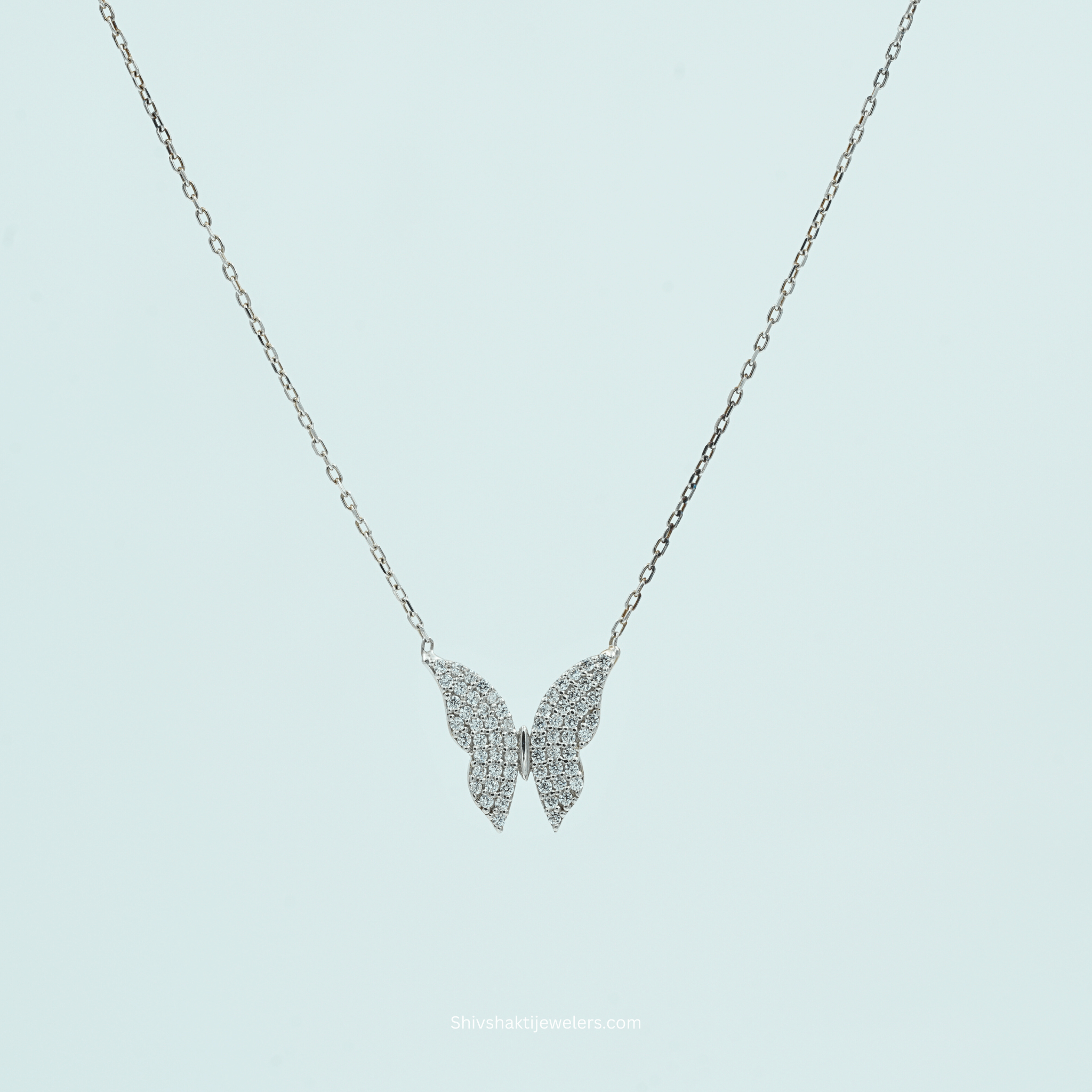 925 Silver Butterfly Wings Pendant Necklace with CZ stones – front view
