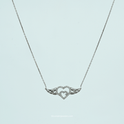 925 Silver Double Heart with Wings Pendant Necklace – front view with CZ stones
