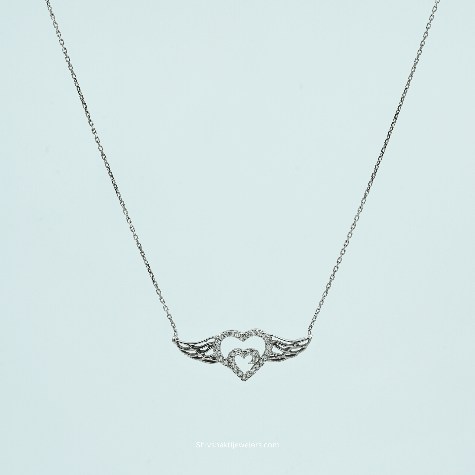 925 Silver Double Heart with Wings Pendant Necklace – front view with CZ stones
