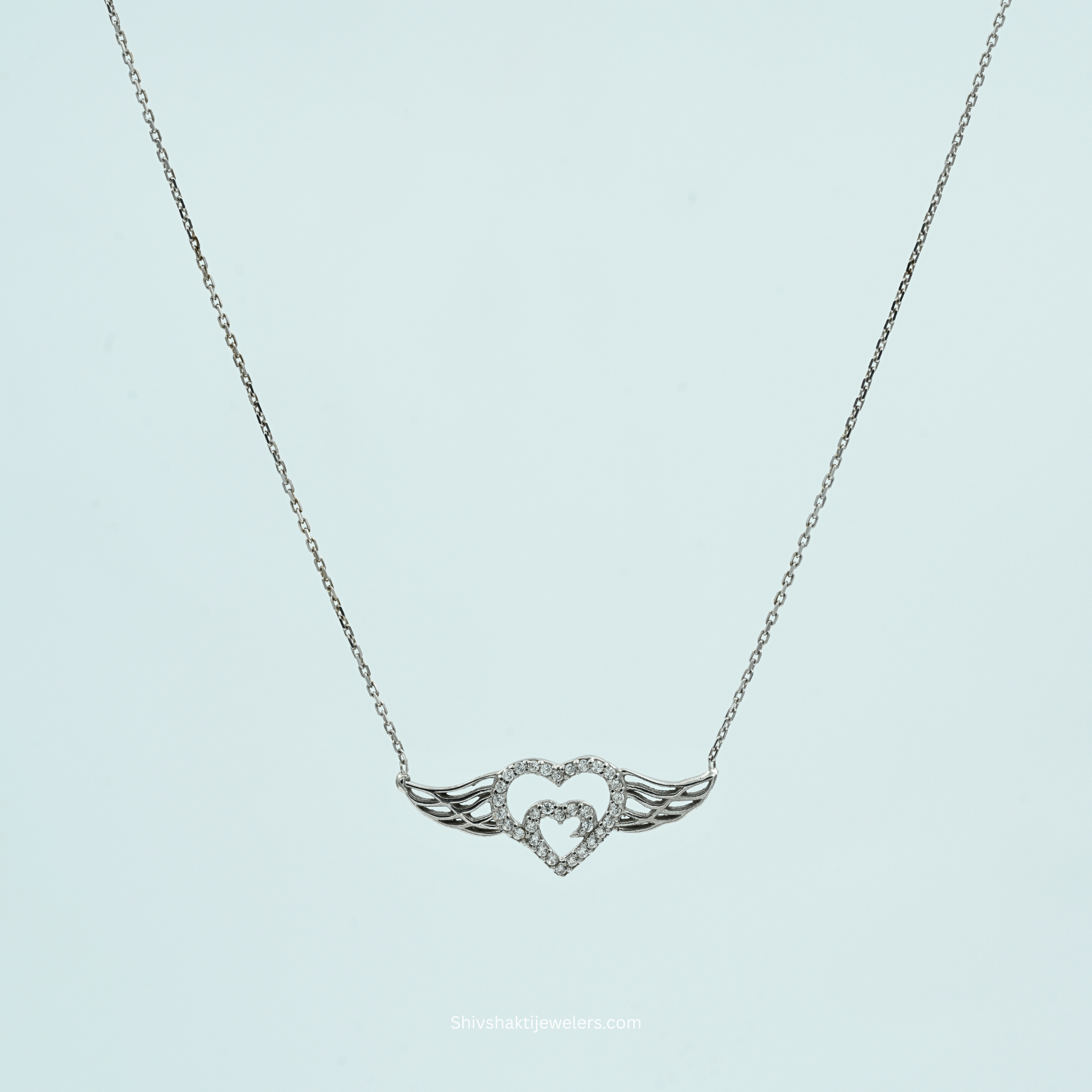 925 Silver Double Heart with Wings Pendant Necklace – front view with CZ stones
