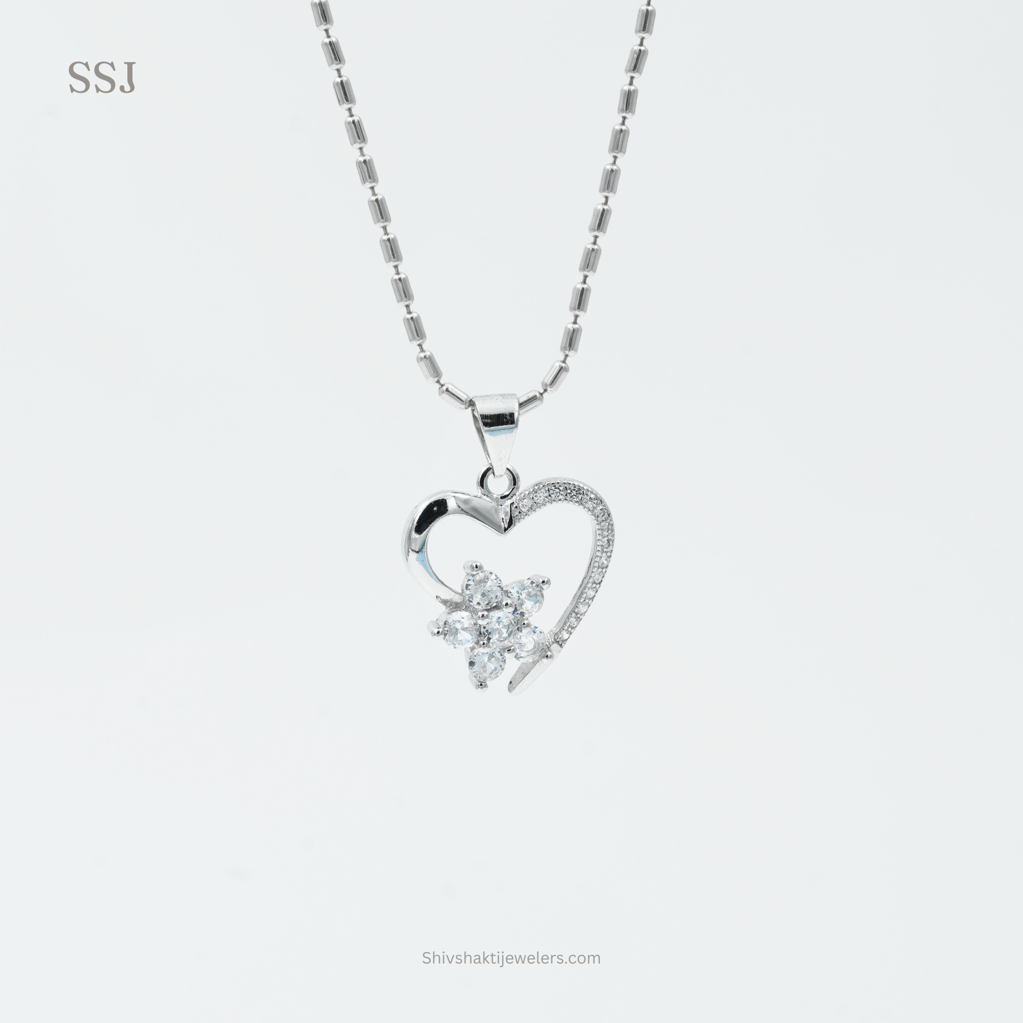 925 Silver Heart and Flower Pendant – Romantic Diamond Look Jewellery by Shiv Shakti Jewellers