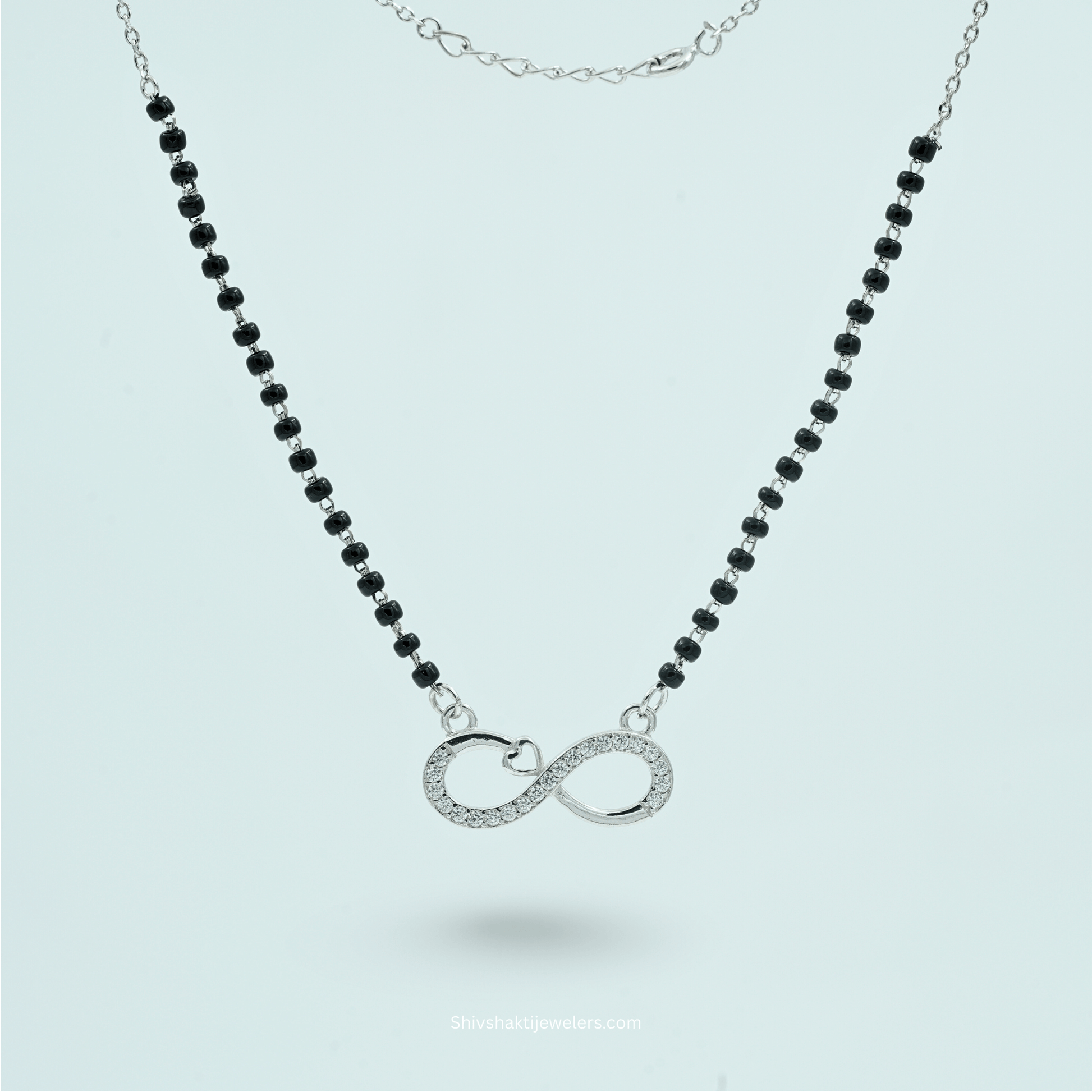925 Silver Infinity Heart Mangalsutra front view with black beads and heart infinity pendant