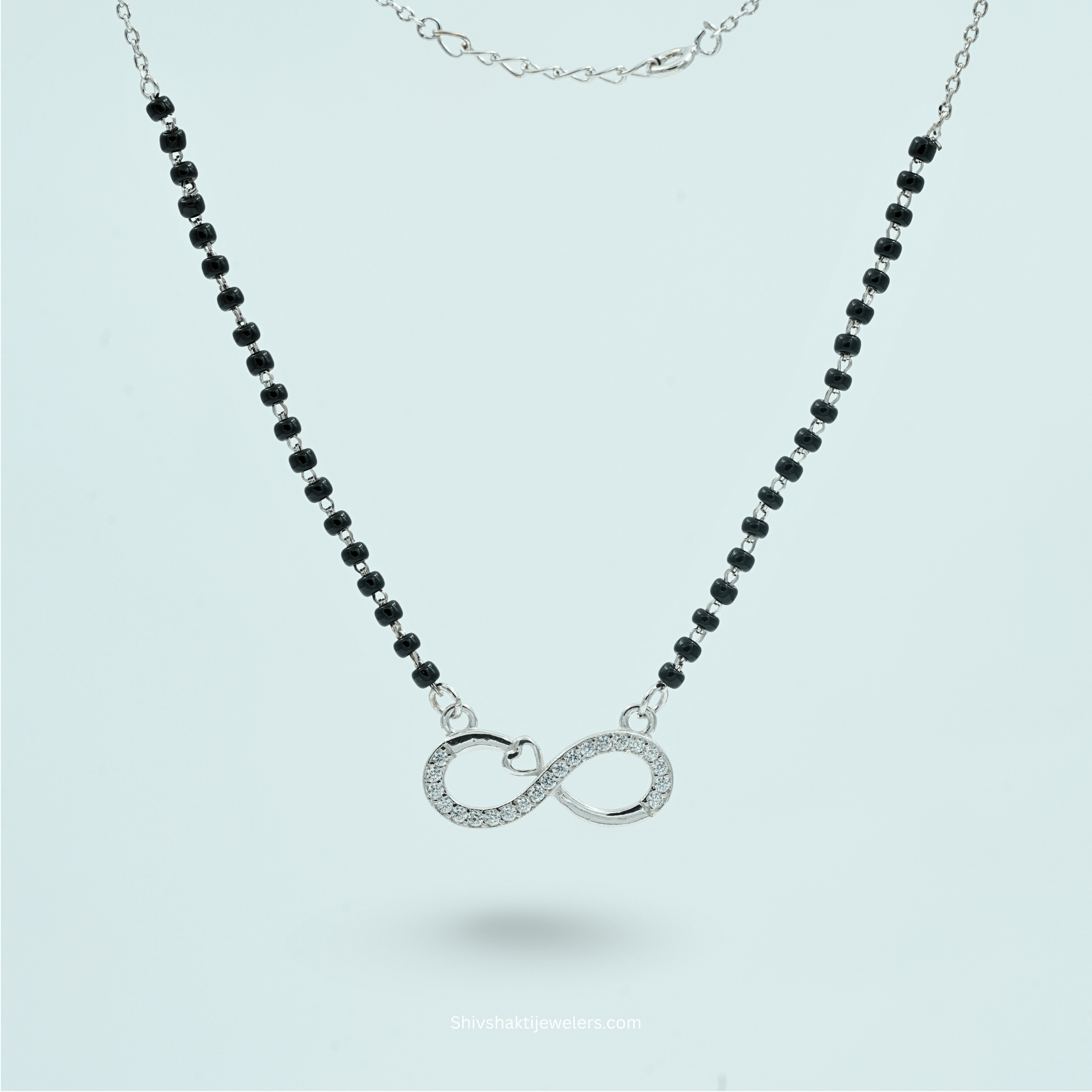 925 Silver Infinity Heart Mangalsutra front view with black beads and heart infinity pendant