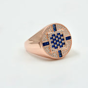 925 silver rose gold finish men’s ring with blue sapphire stones and CZ diamonds, premium bold design jewellery India