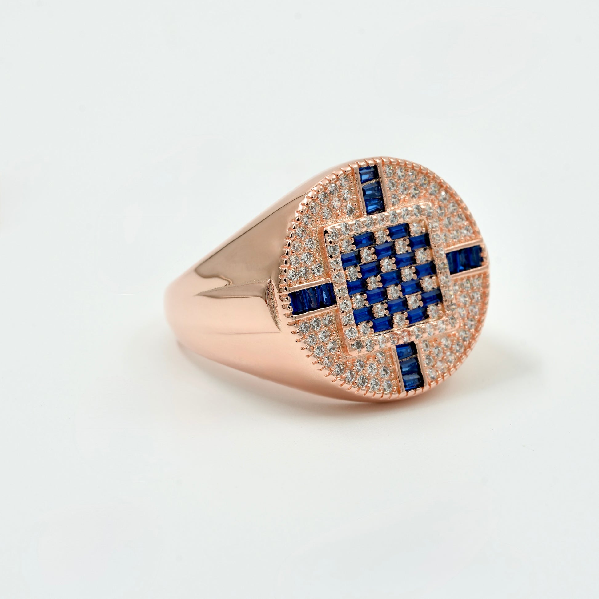 925 silver rose gold finish men’s ring with blue sapphire stones and CZ diamonds, premium bold design jewellery India