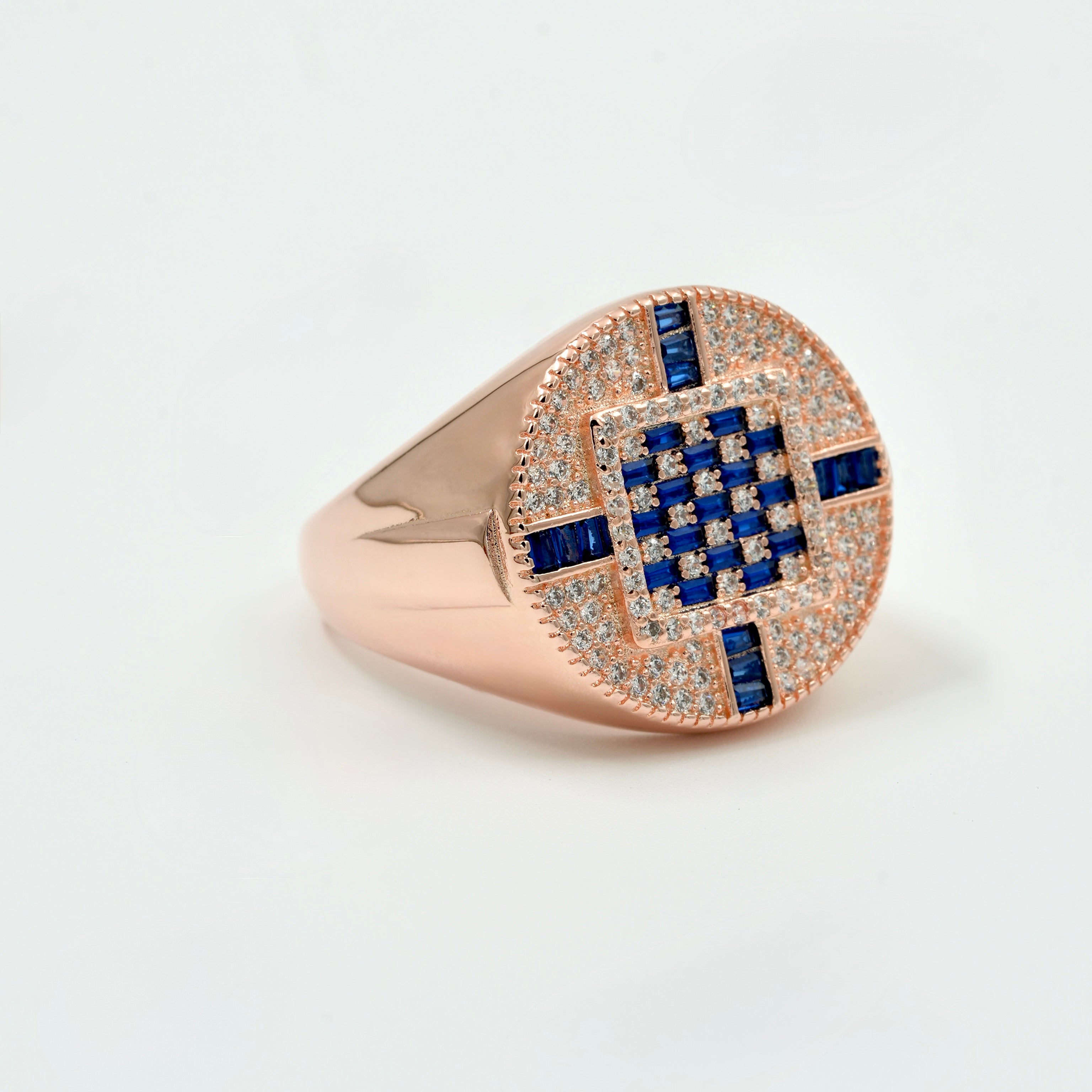 925 silver rose gold finish men’s ring with blue sapphire stones and CZ diamonds, premium bold design jewellery India