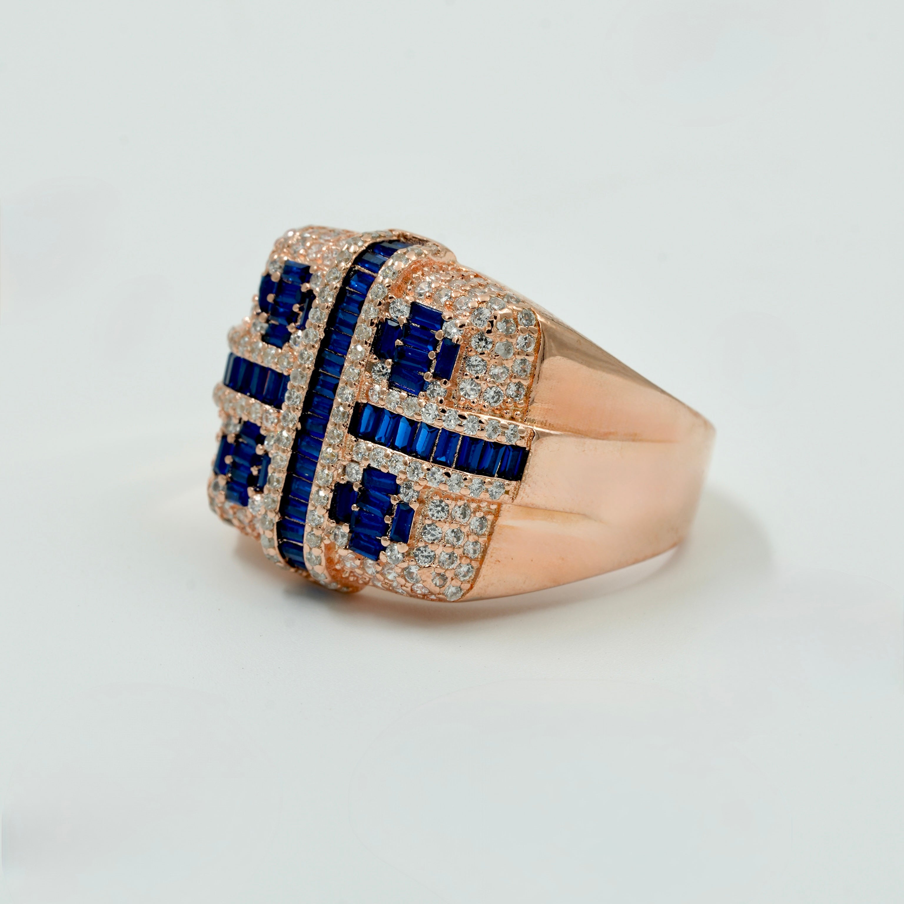 925 Silver Rose-Gold Finish Men’s Statement Ring with Blue Sapphire & CZ Diamonds