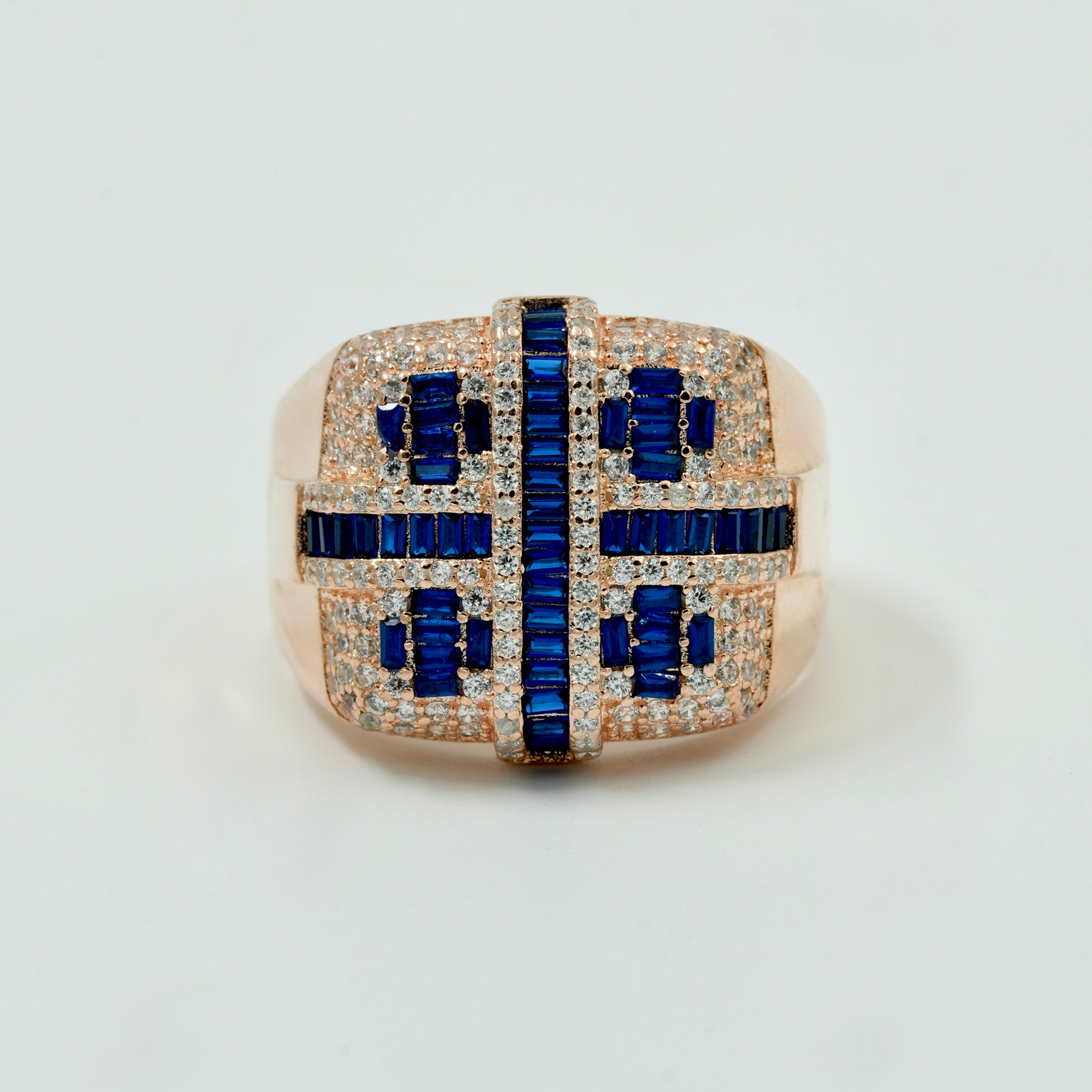 925 Silver Rose-Gold Finish Men’s Statement Ring with Blue Sapphire & CZ Diamonds