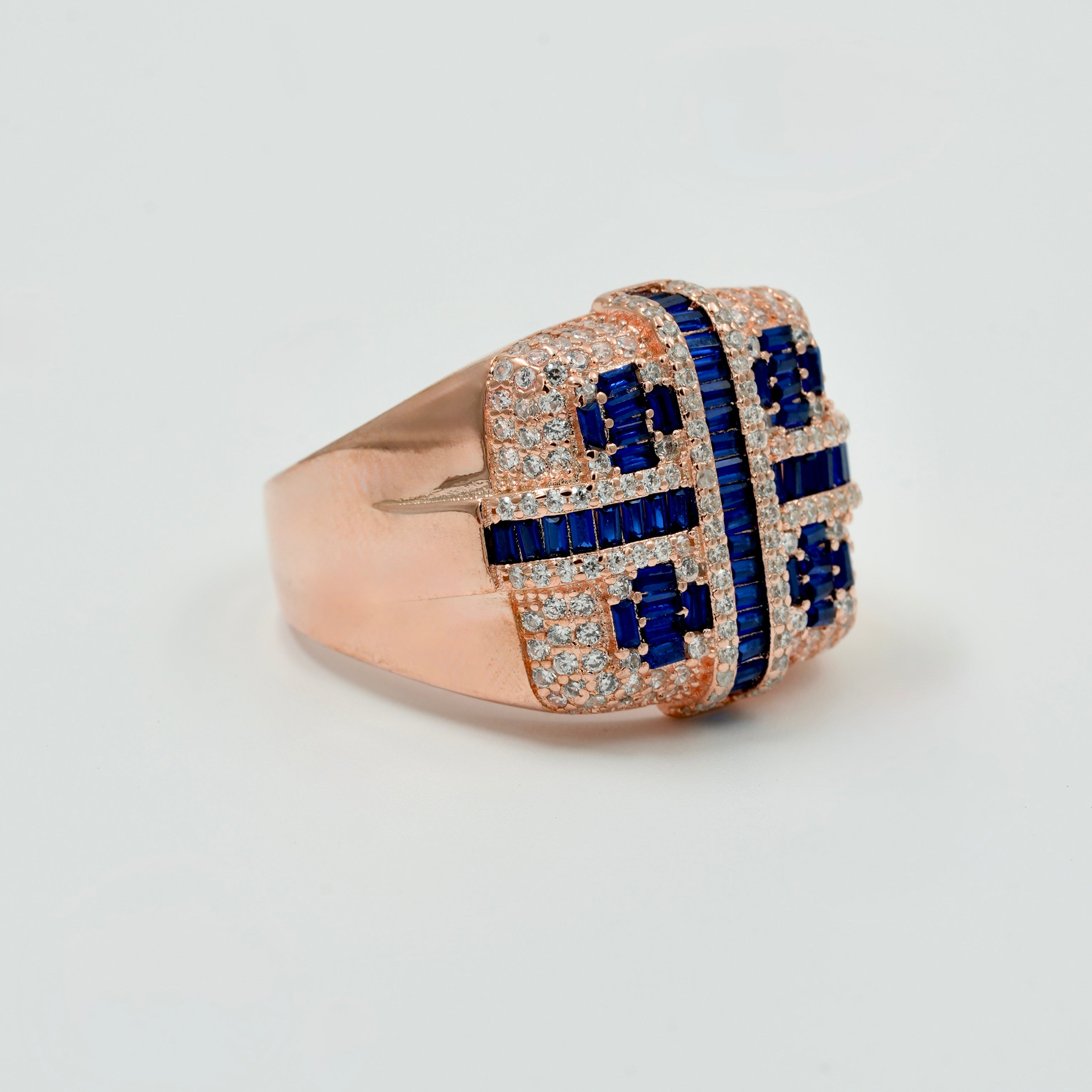 925 Silver Rose-Gold Finish Men’s Statement Ring with Blue Sapphire & CZ Diamonds