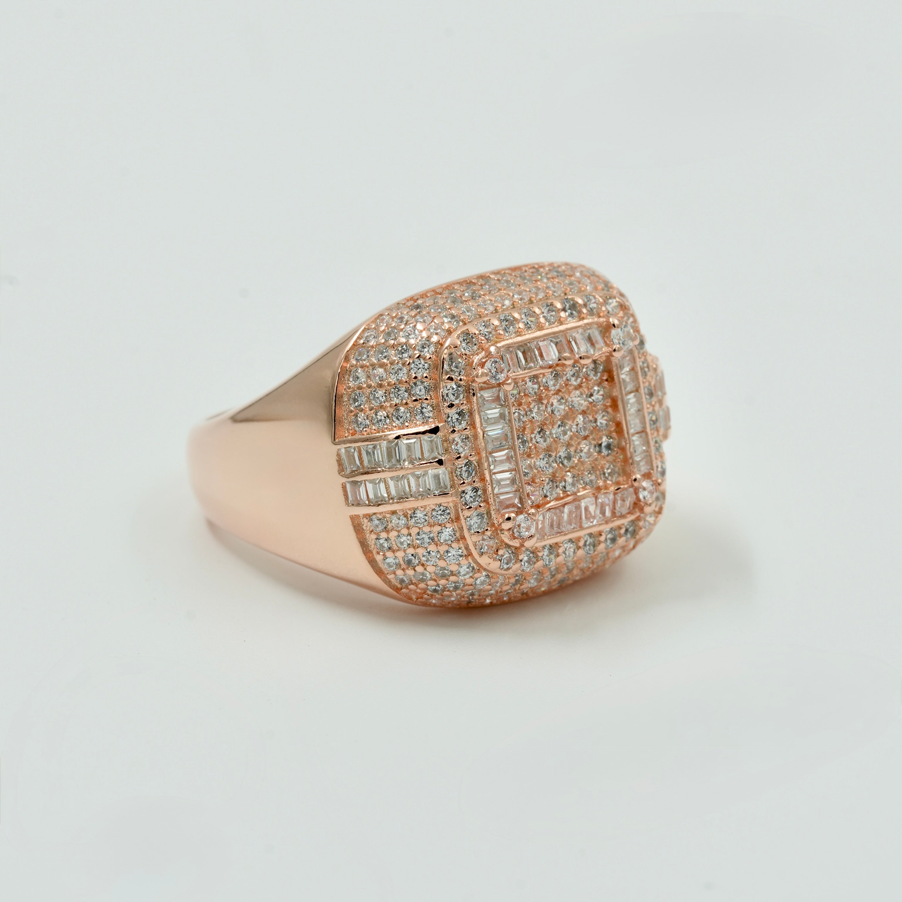 925 Silver Rose Gold Finish Heavy Men’s Ring with American Diamond Pave Setting