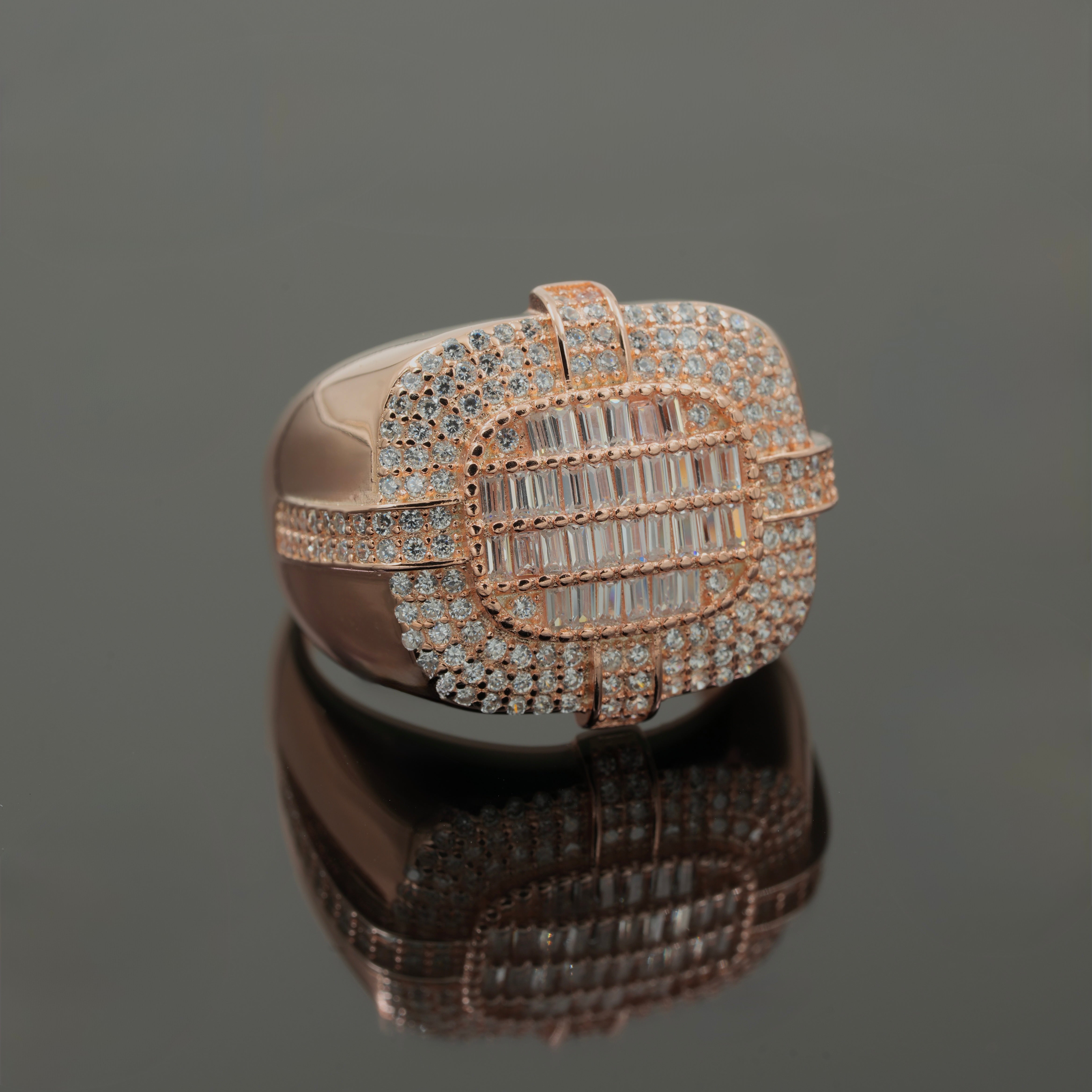 925 Silver Rose Gold Men’s Luxury Statement Ring with CZ & Baguette Diamonds
