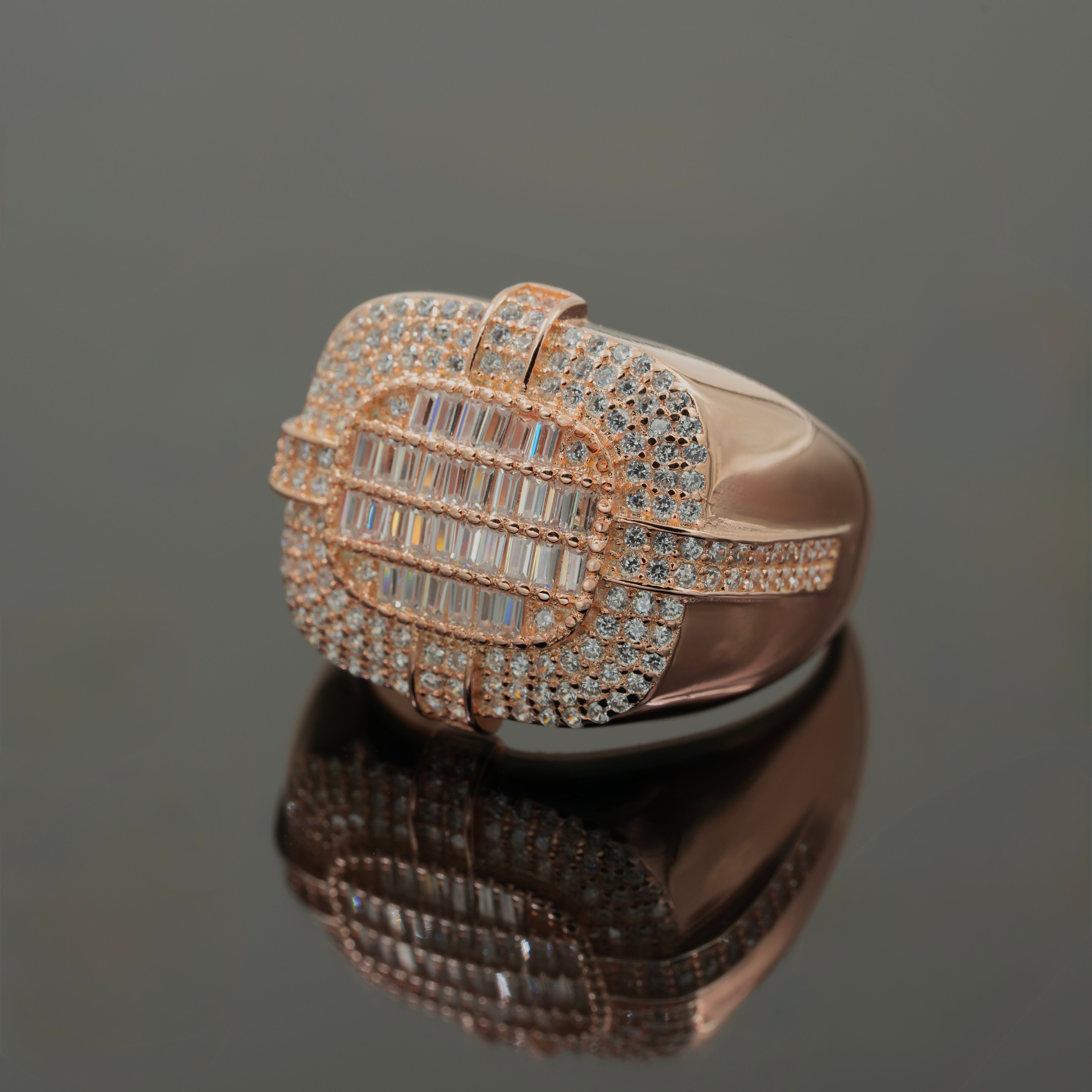 925 Silver Rose Gold Men’s Luxury Statement Ring with CZ & Baguette Diamonds