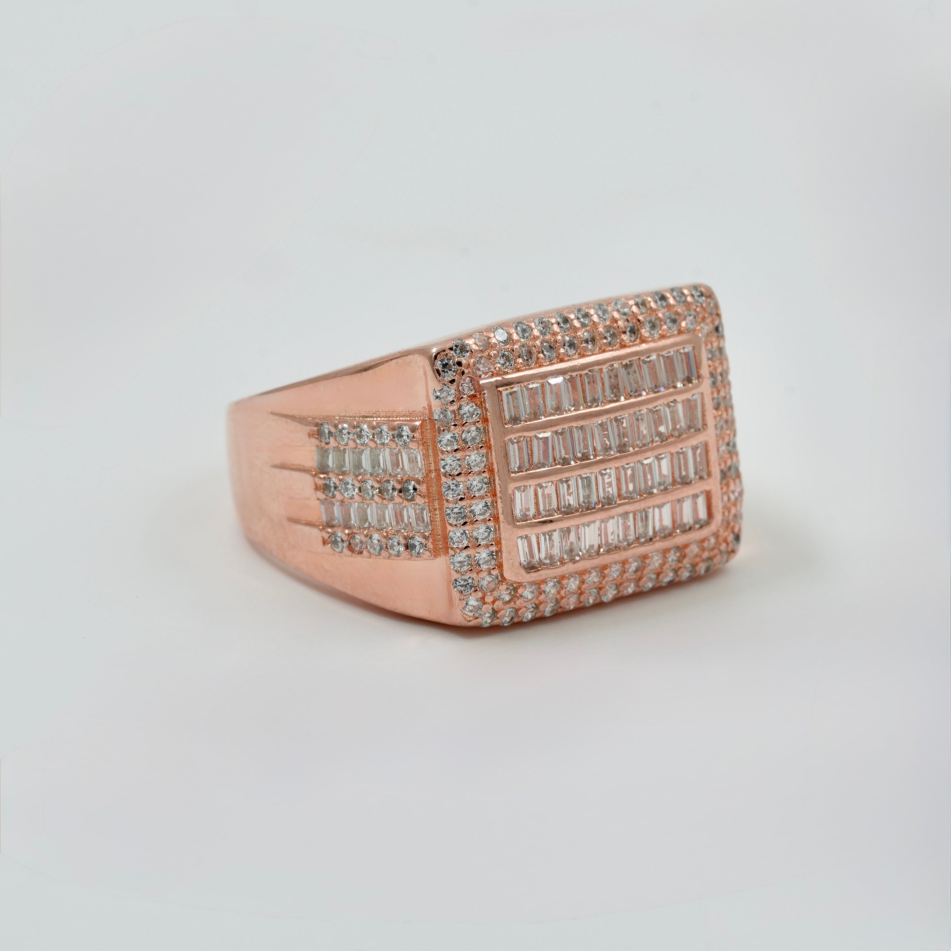 925 Silver Rose Gold Men’s Statement Ring with CZ & Baguette Diamonds