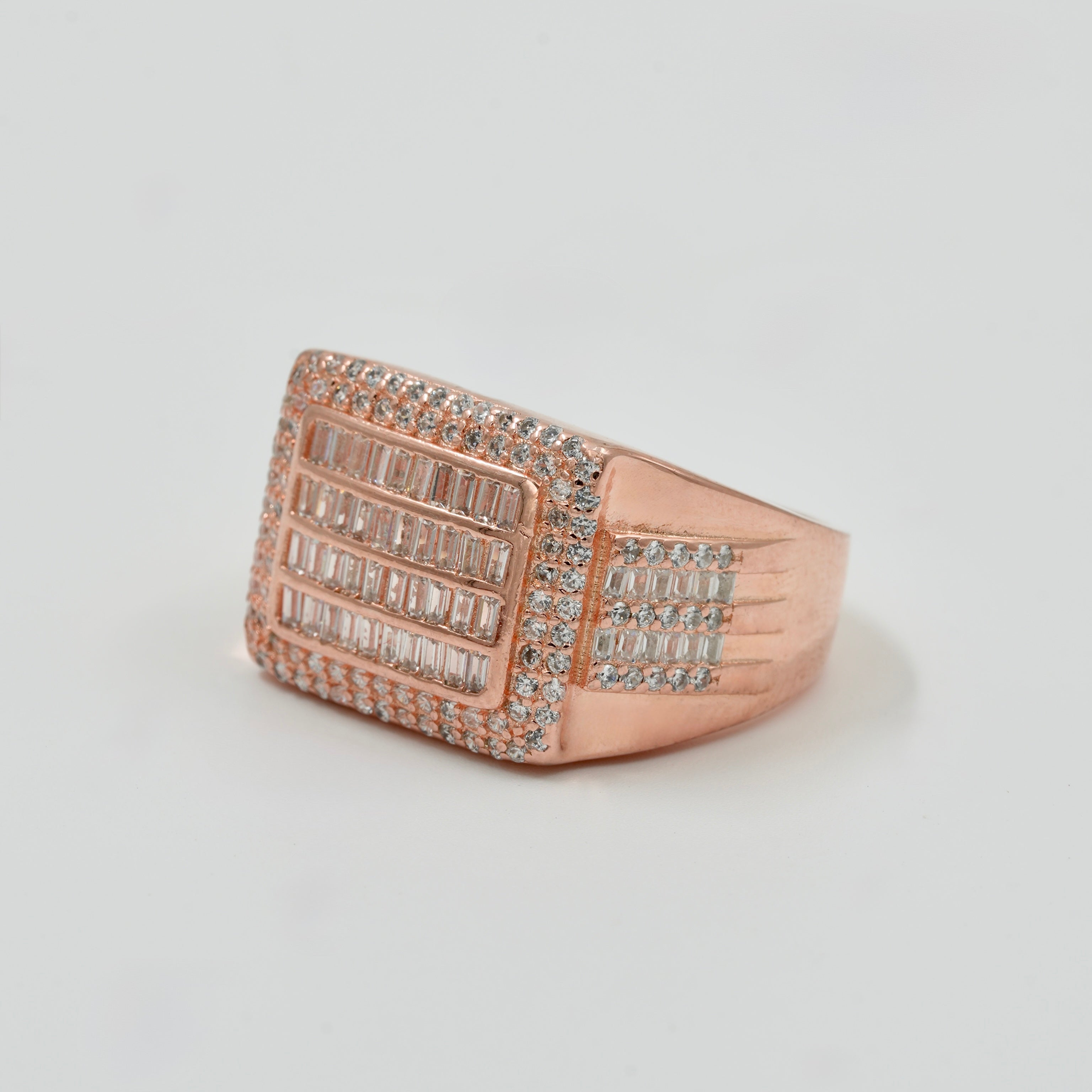 925 Silver Rose Gold Men’s Statement Ring with CZ & Baguette Diamonds