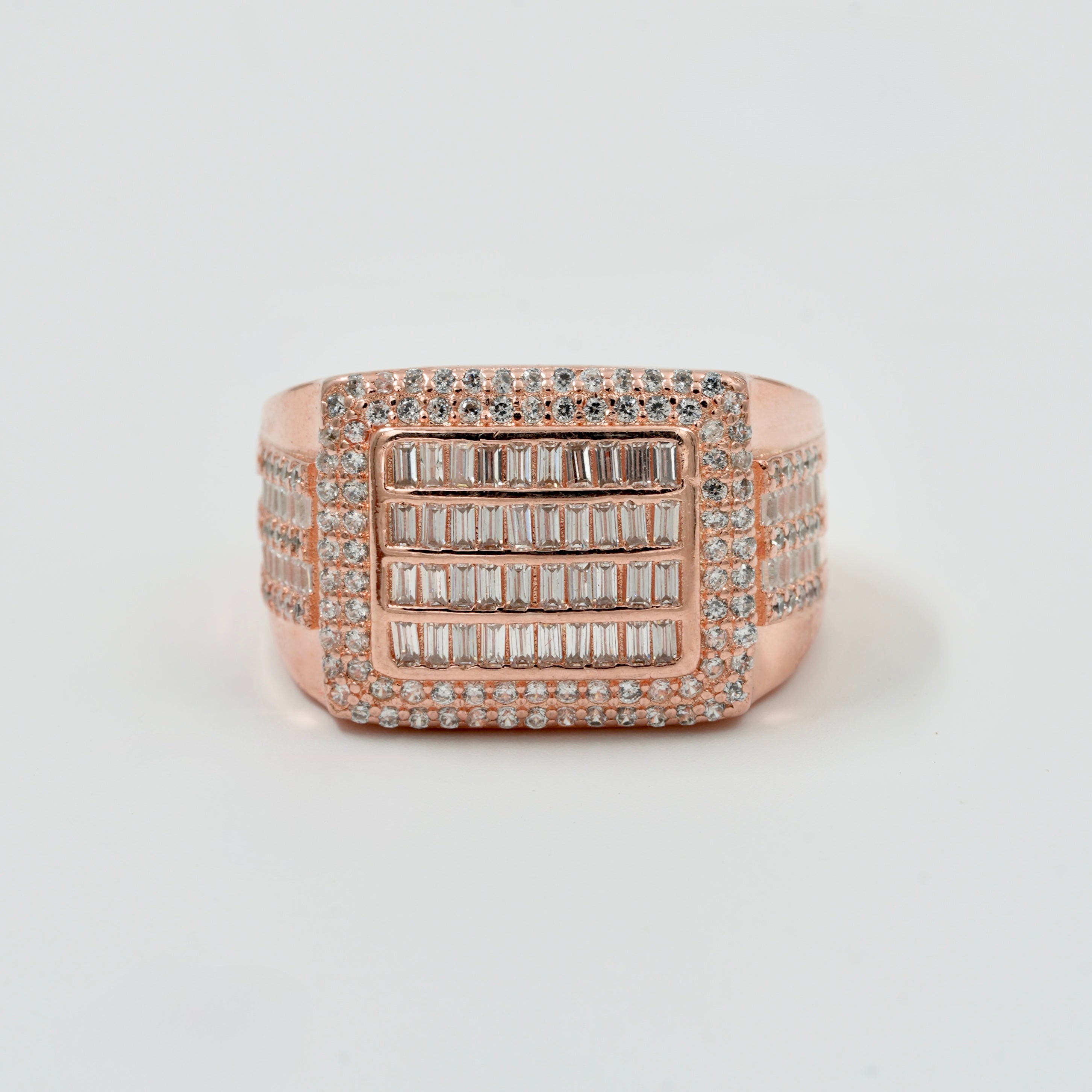 925 Silver Rose Gold Men’s Statement Ring with CZ & Baguette Diamonds