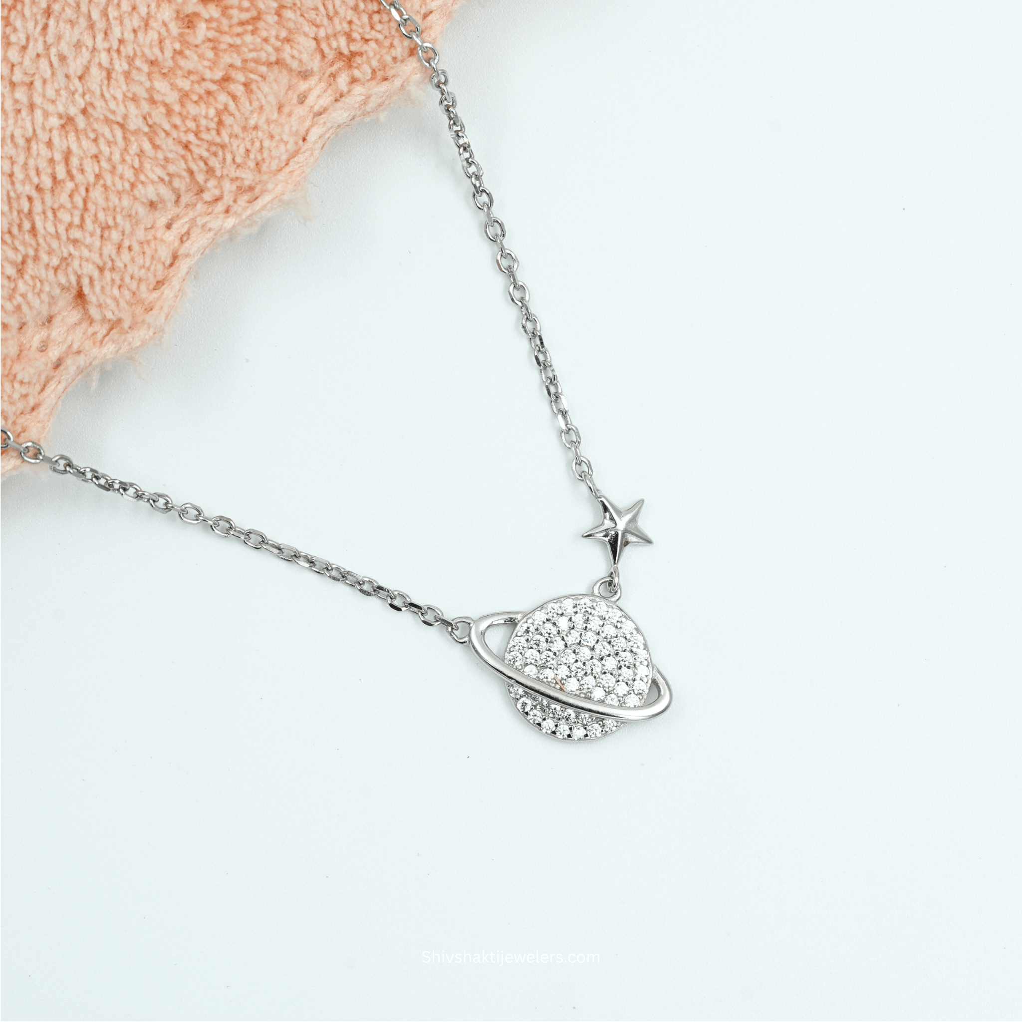 925 Silver Saturn & Star Pendant Necklace with CZ stones – front view