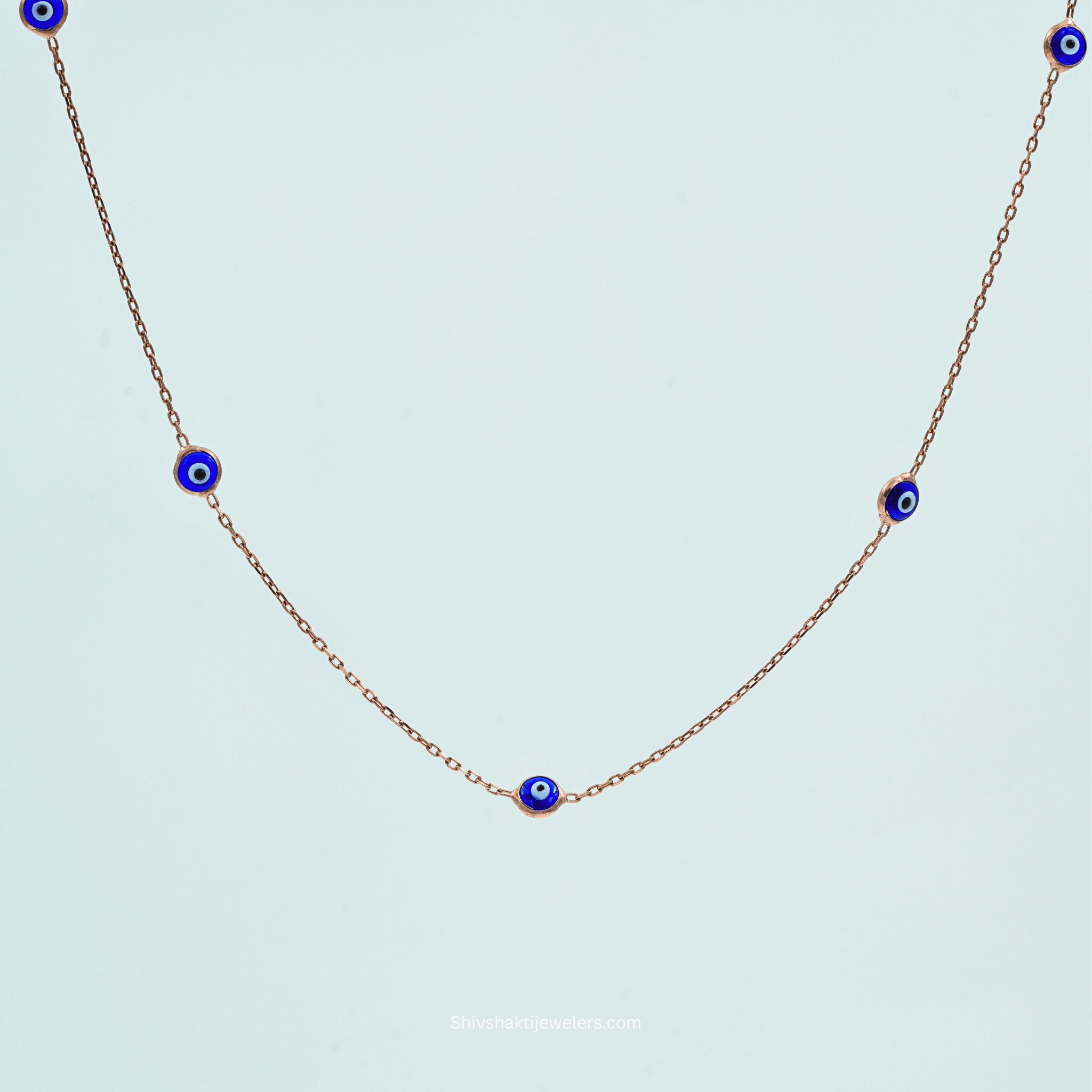 925 Sterling Silver Evil Eye Necklace with rose gold chain and blue Nazar beads – front view