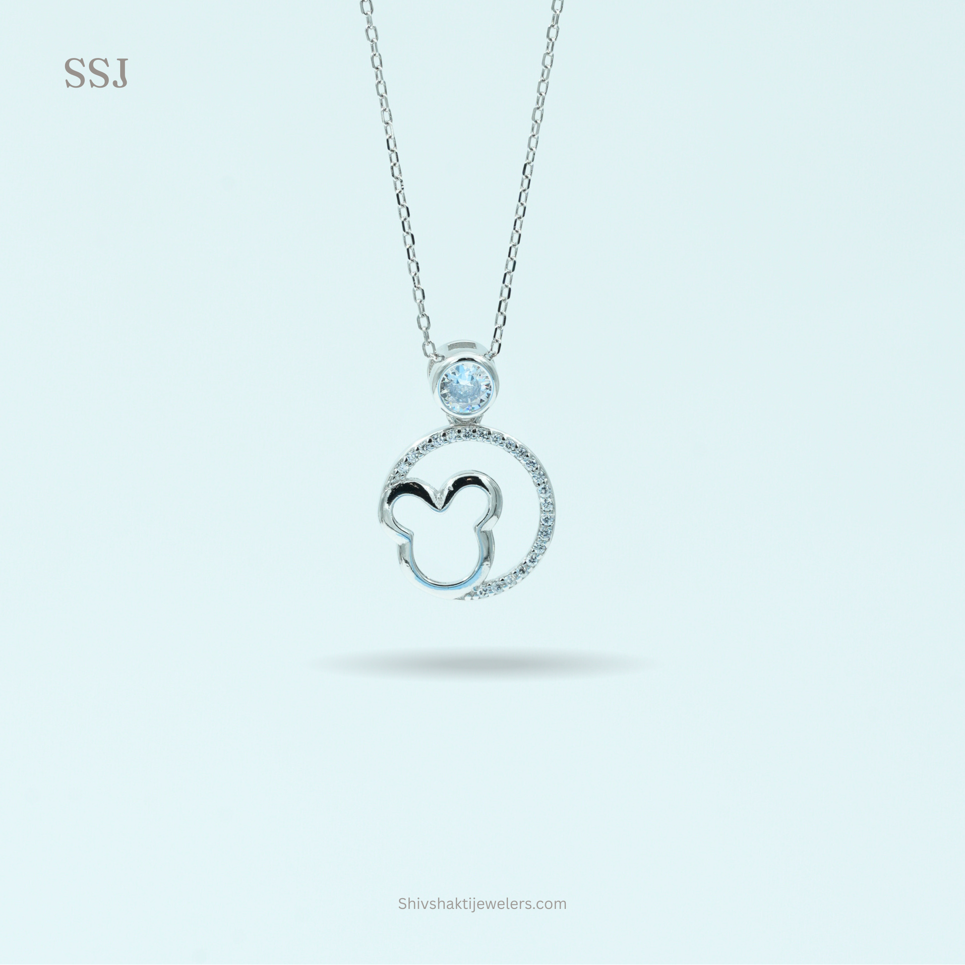 925 Silver Mickey Mouse Outline Pendant with CZ Stone – Cute Stylish Everyday Wear Necklace
