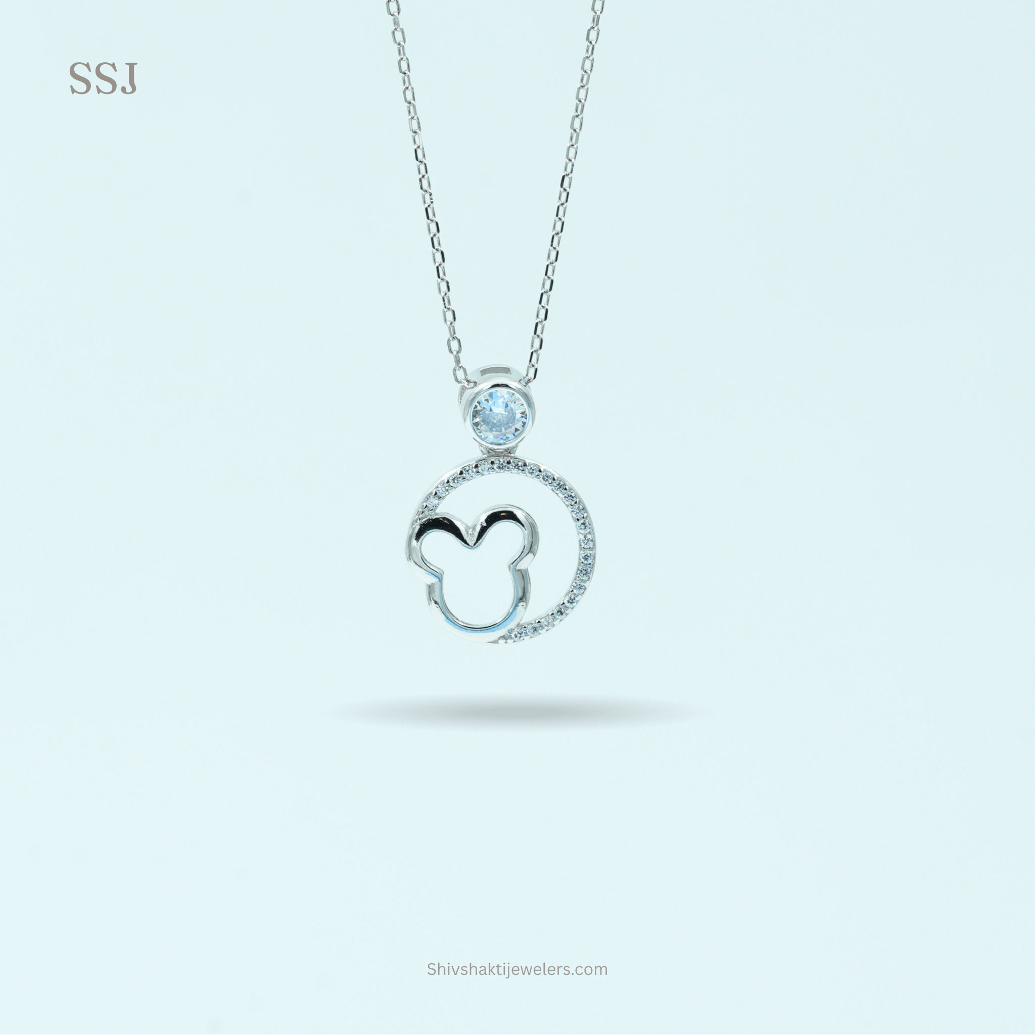 925 Silver Mickey Mouse Outline Pendant with CZ Stone – Cute Stylish Everyday Wear Necklace
