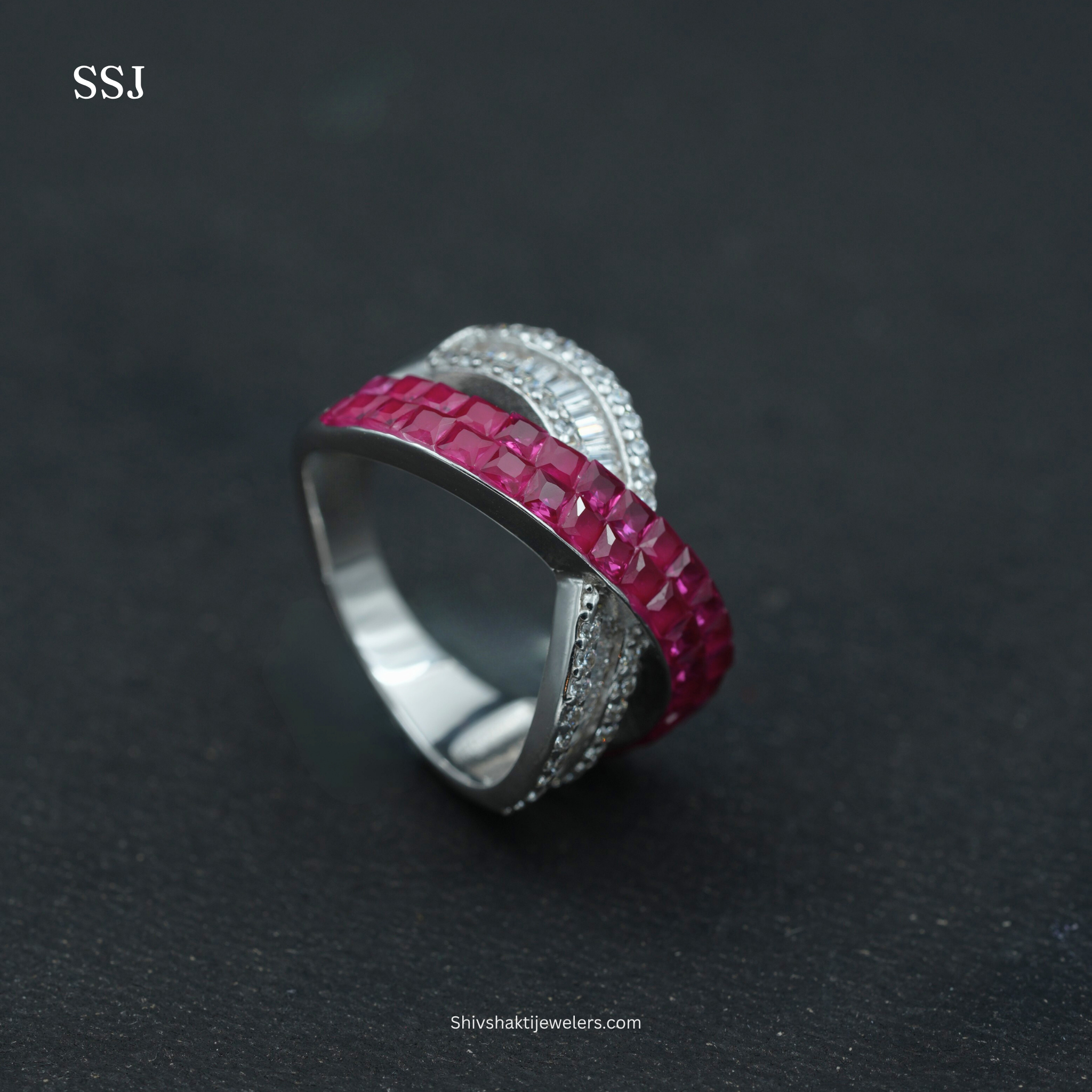 925 Silver Infinity Crossover Ring with Pink Baguette & CZ Stones