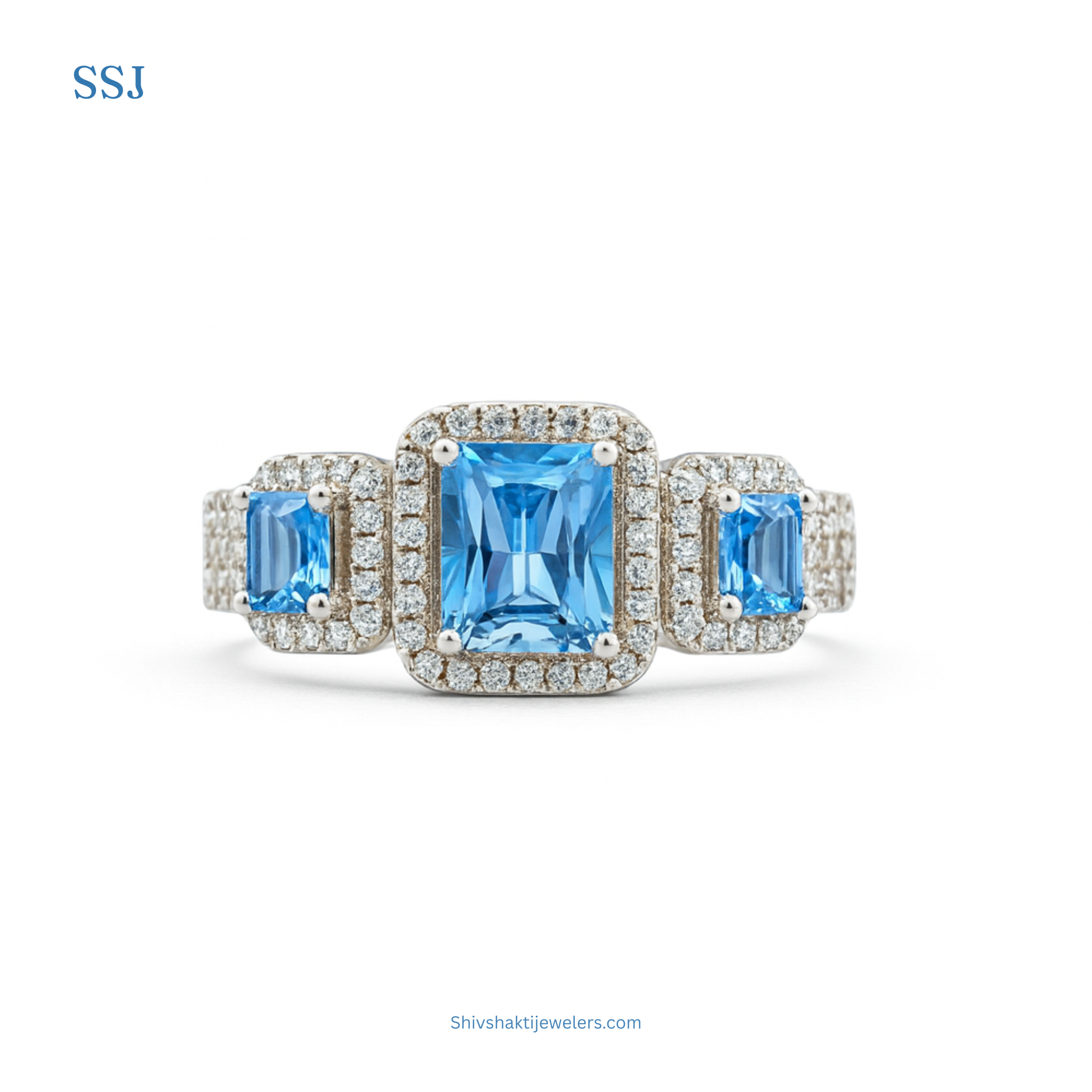 925 Silver Three-Stone Blue Princess Cut Ring with Halo Setting – Elegant Gift Ring
