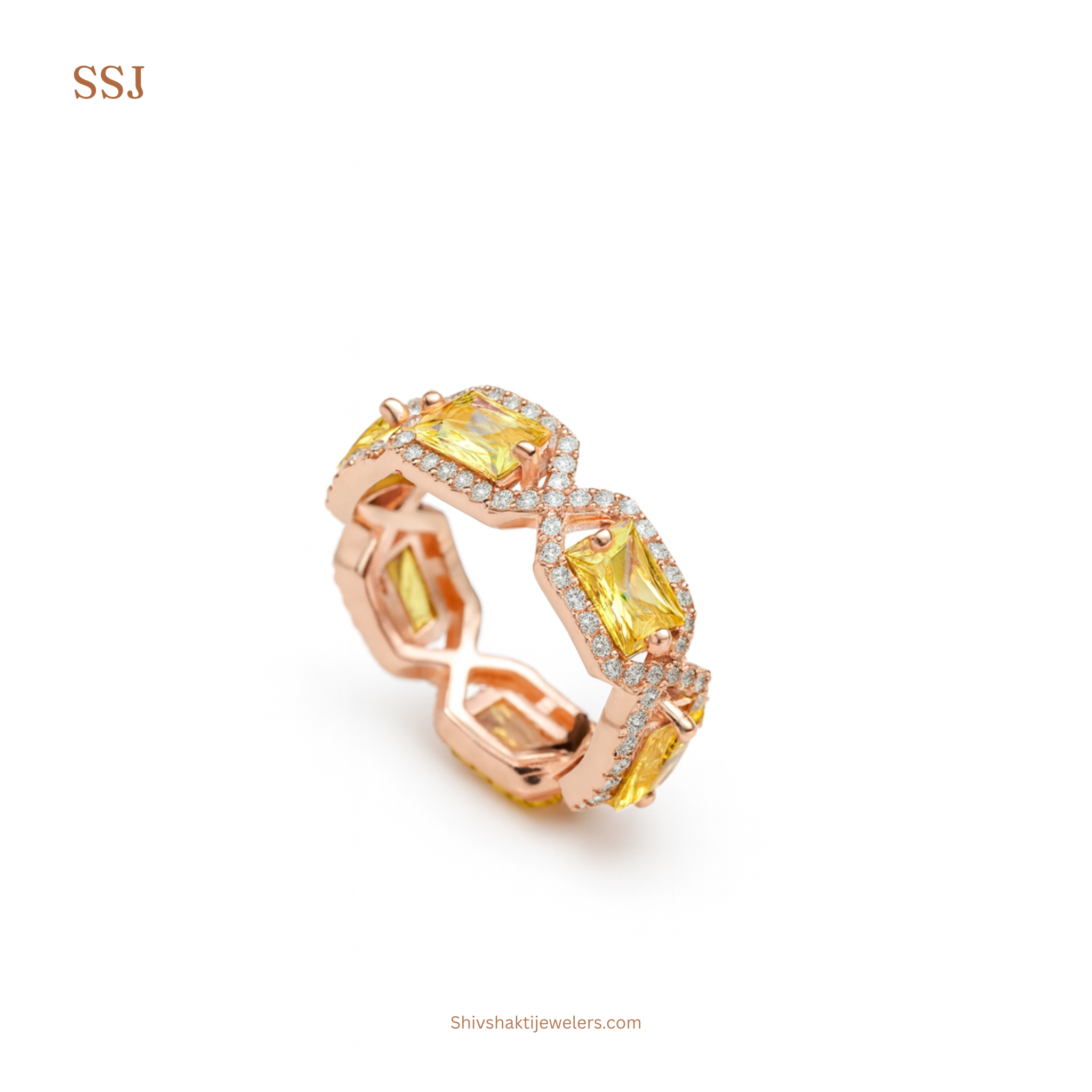 925 Silver Yellow Emerald-Cut Eternity Ring in Rose Gold Finish