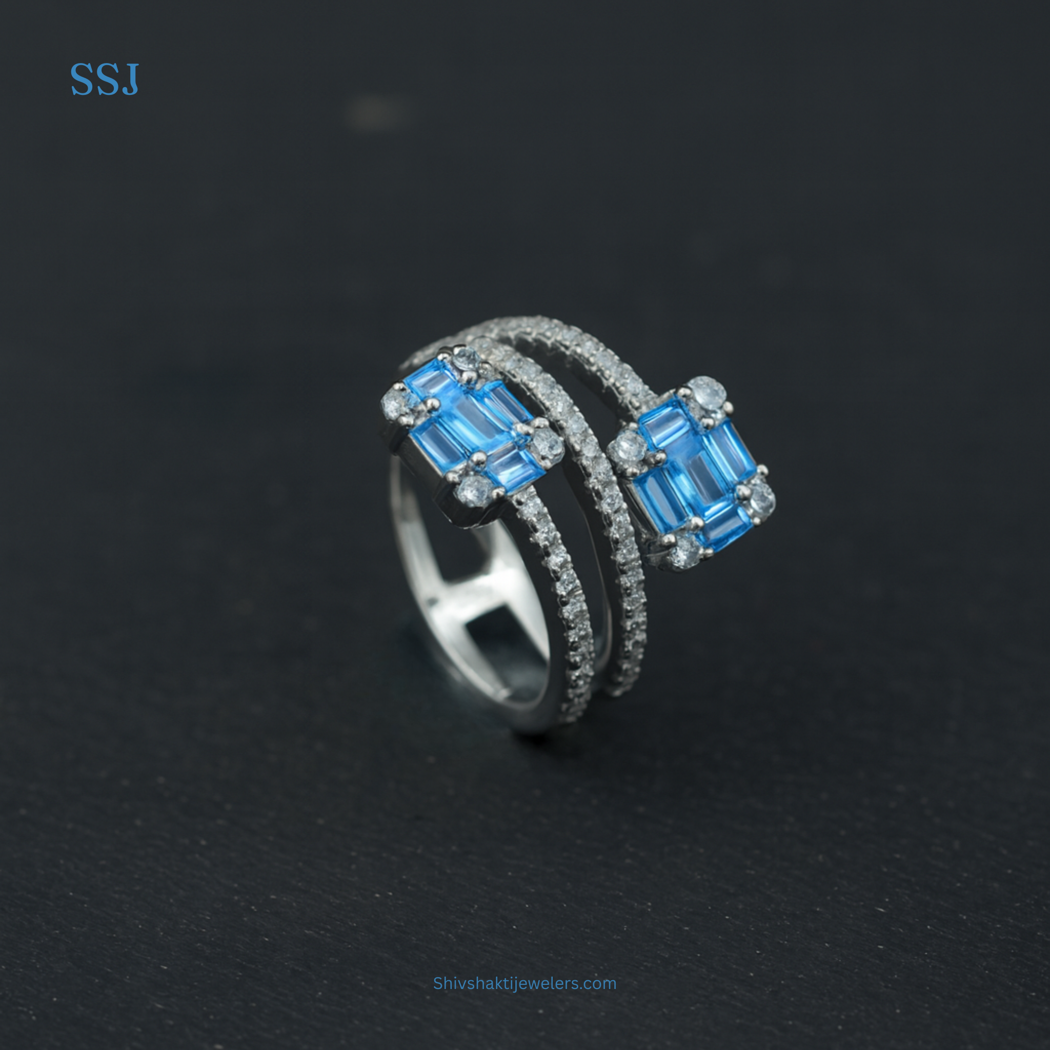 925 Silver Blue Baguette Gemstone Statement Ring