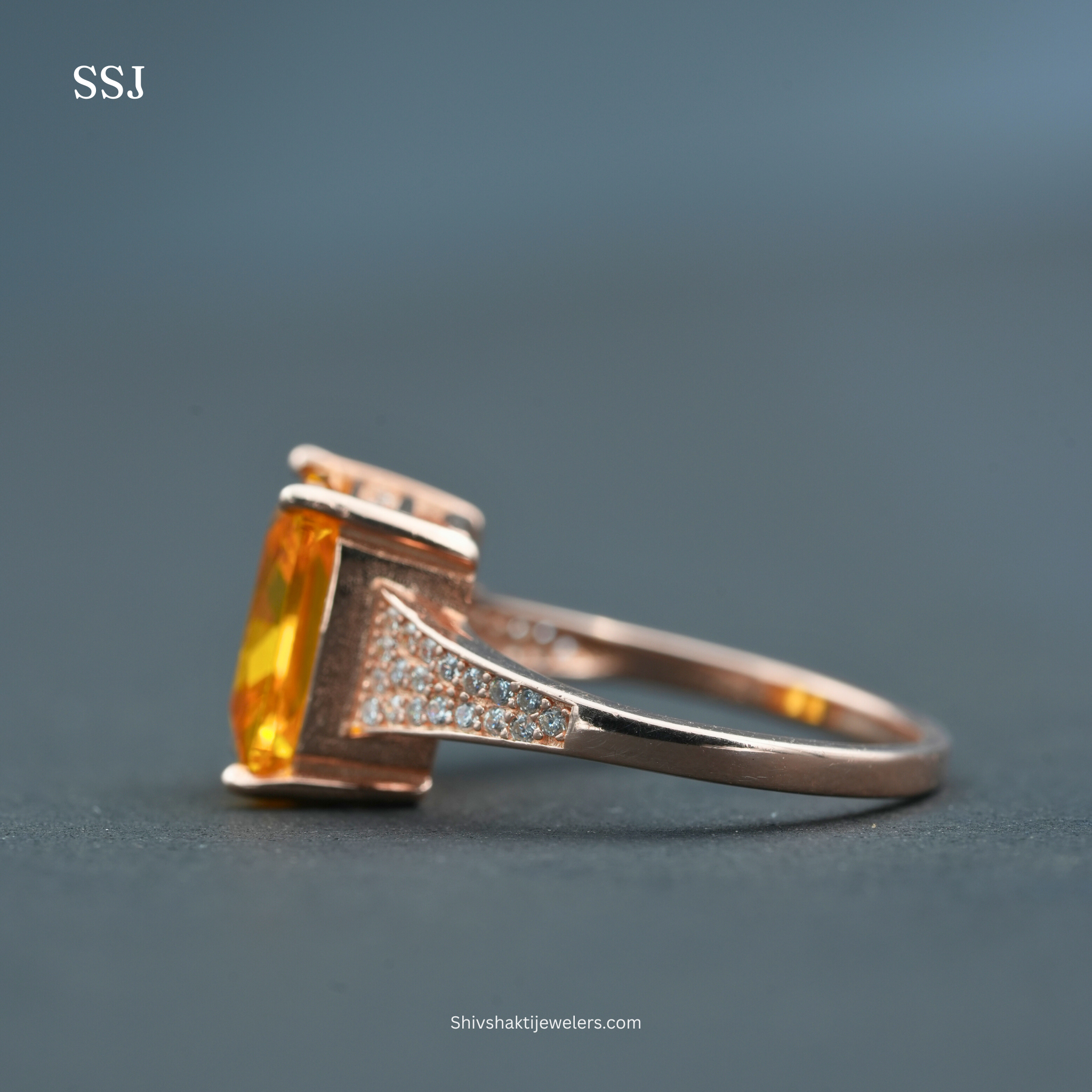 925 Silver Radiant-Cut Golden Orange Ring with Rose Gold Tone