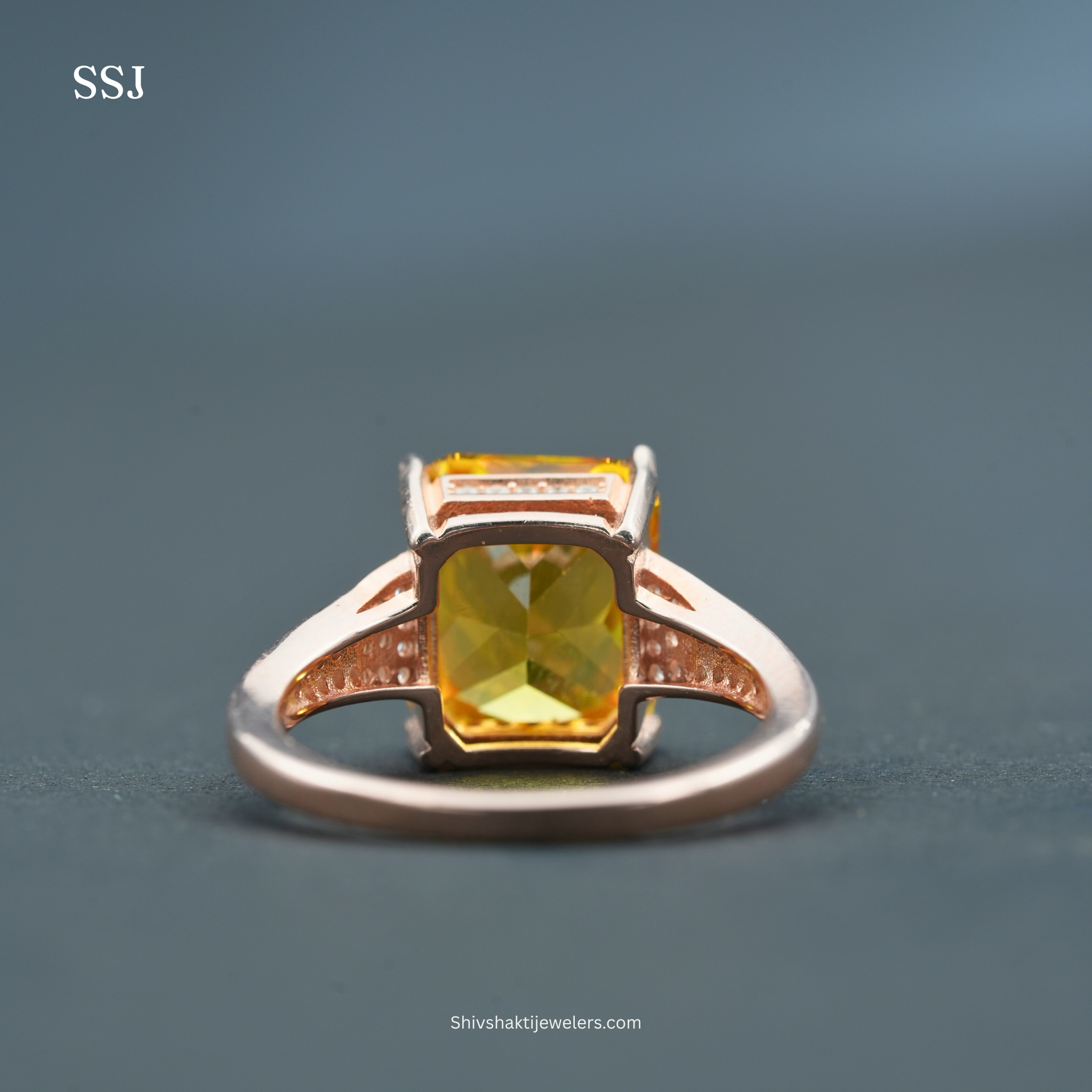 925 Silver Radiant-Cut Golden Orange Ring with Rose Gold Tone